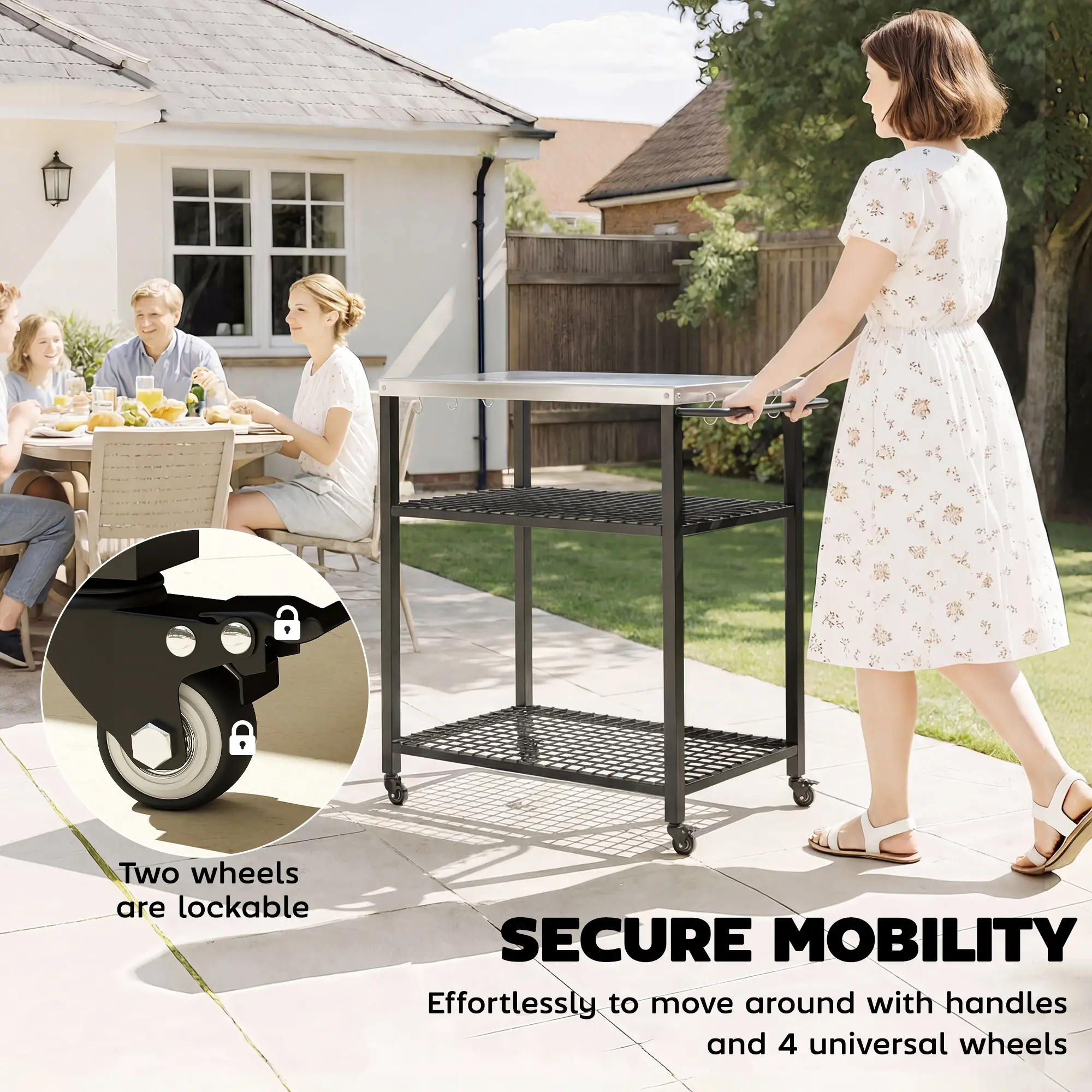 Outdoor Grill Cart With Stainless Steel Top, Two-Shelf Pizza Oven Stand, Black - Image 6