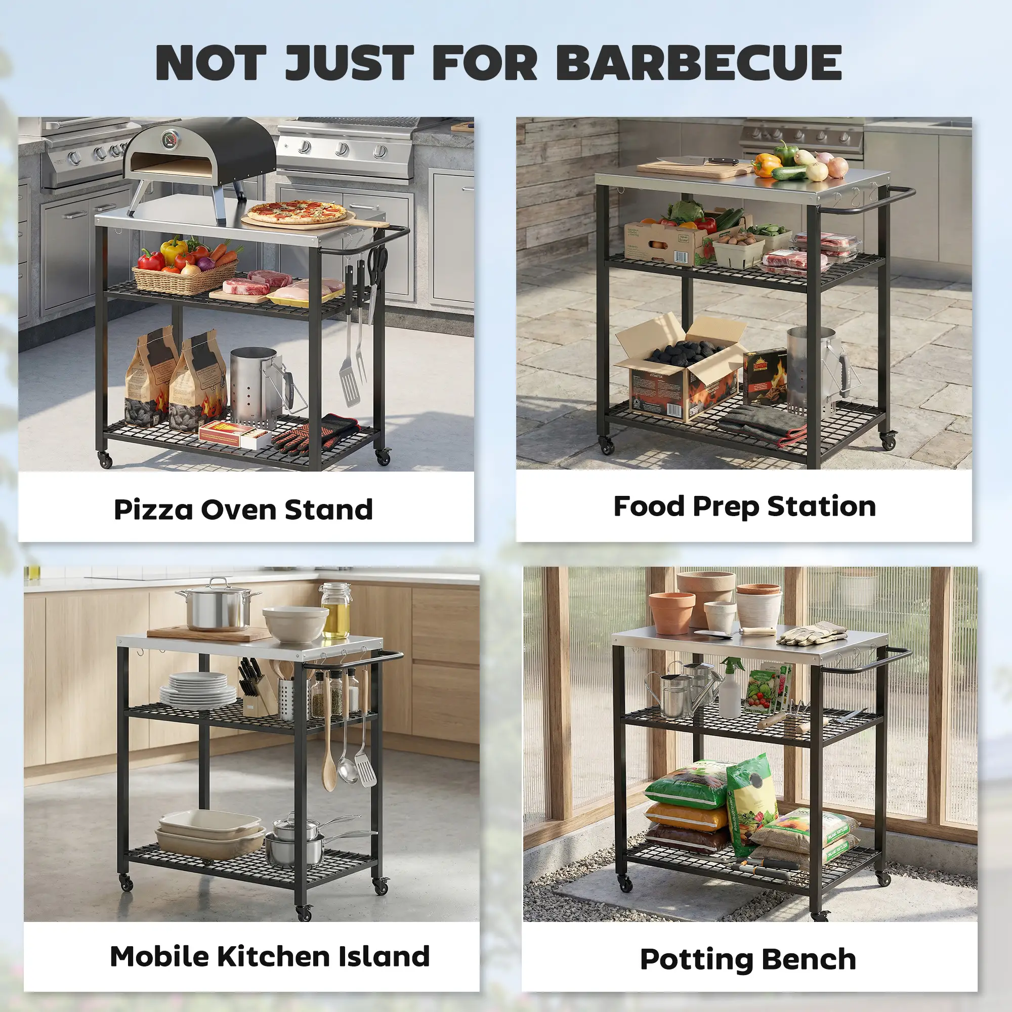 Outdoor Grill Cart With Stainless Steel Top, Two-Shelf Pizza Oven Stand, Black - Image 7