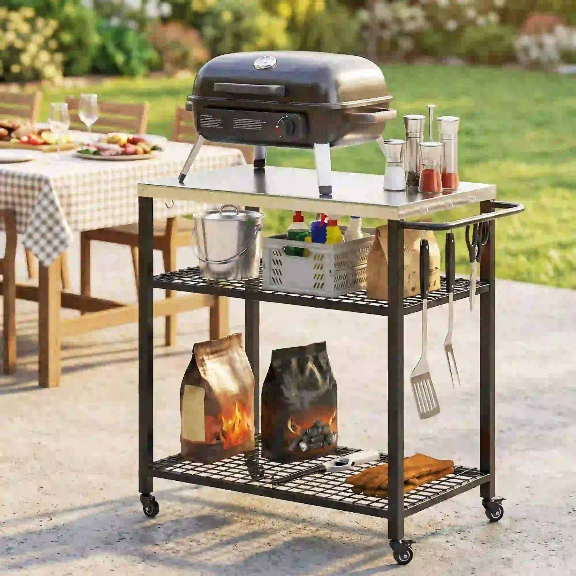 Outdoor Grill Cart With Stainless Steel Top, Two-Shelf Pizza Oven Stand, Black - Image 8