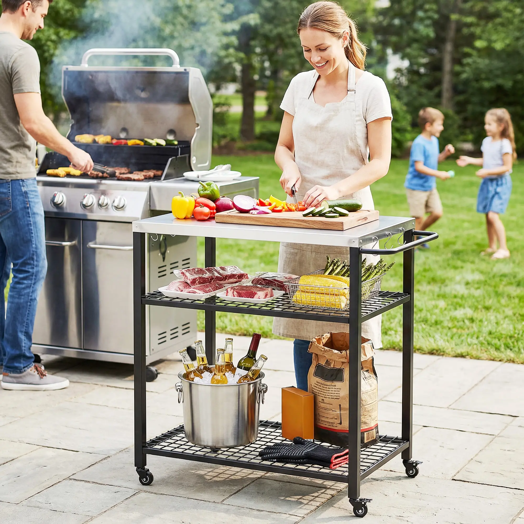 Outdoor Grill Cart With Stainless Steel Top, Two-Shelf Pizza Oven Stand, Black - Image 9