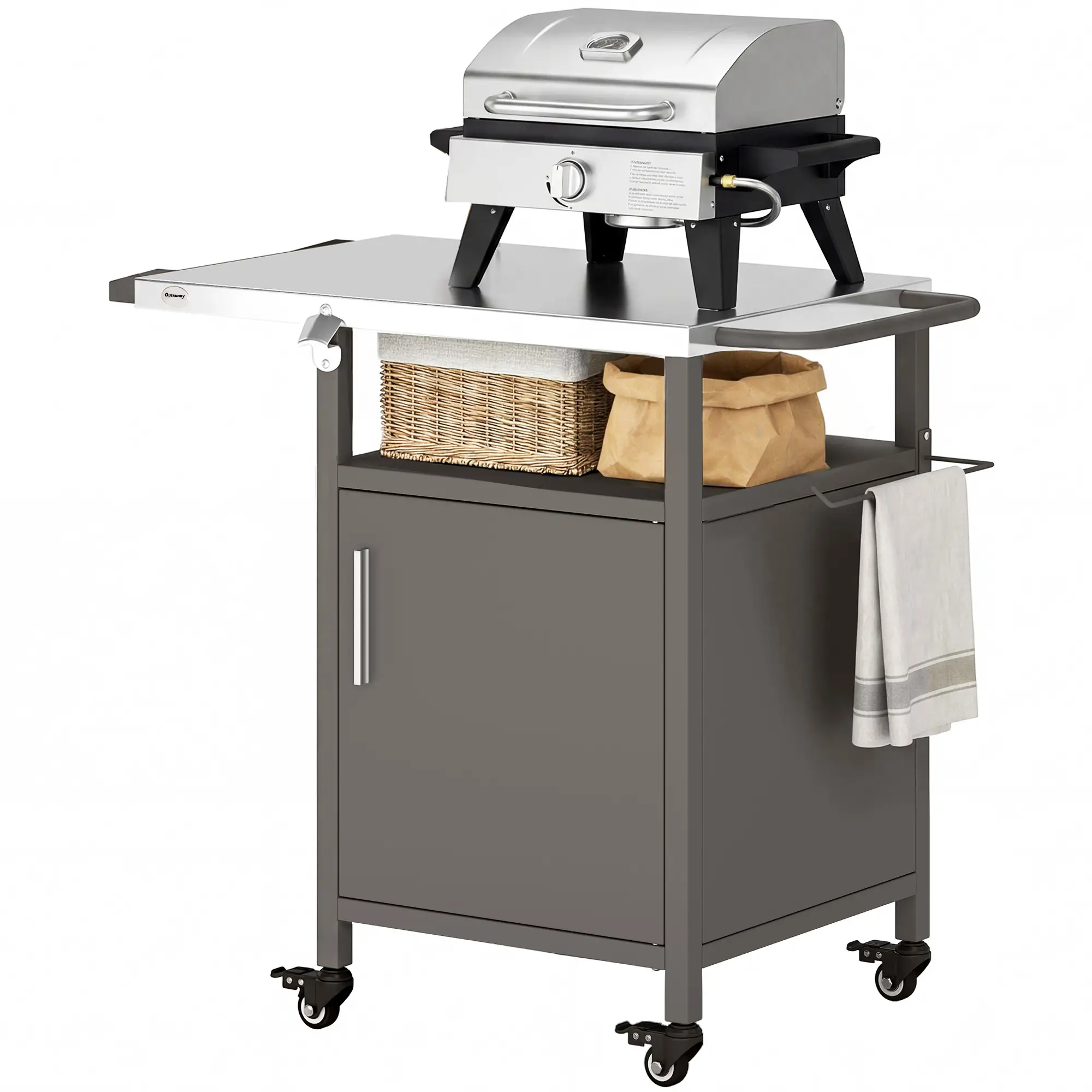 Outdoor Grill Cart With Steel Top, Pizza Oven Stand With Cabinet, Brown