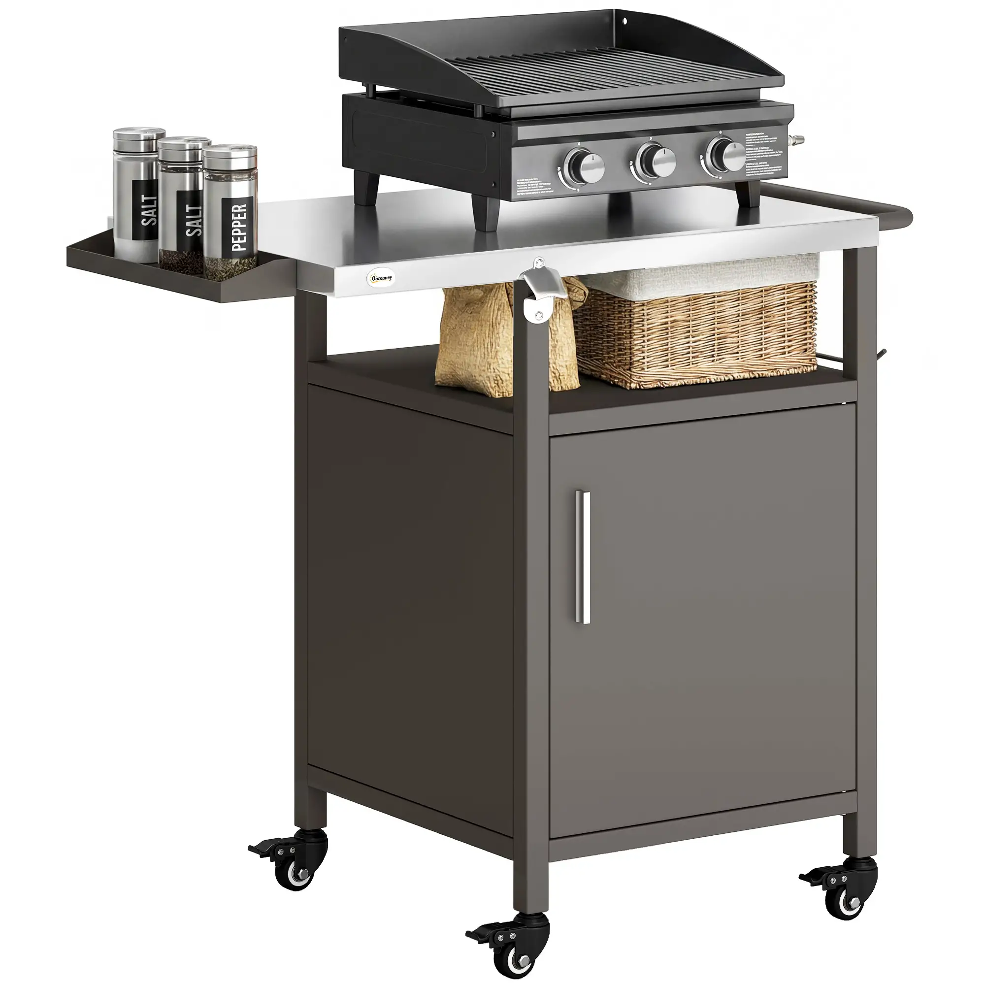 Outdoor Grill Cart With Steel Top, Pizza Oven Stand With Cabinet, Brown - Image 11