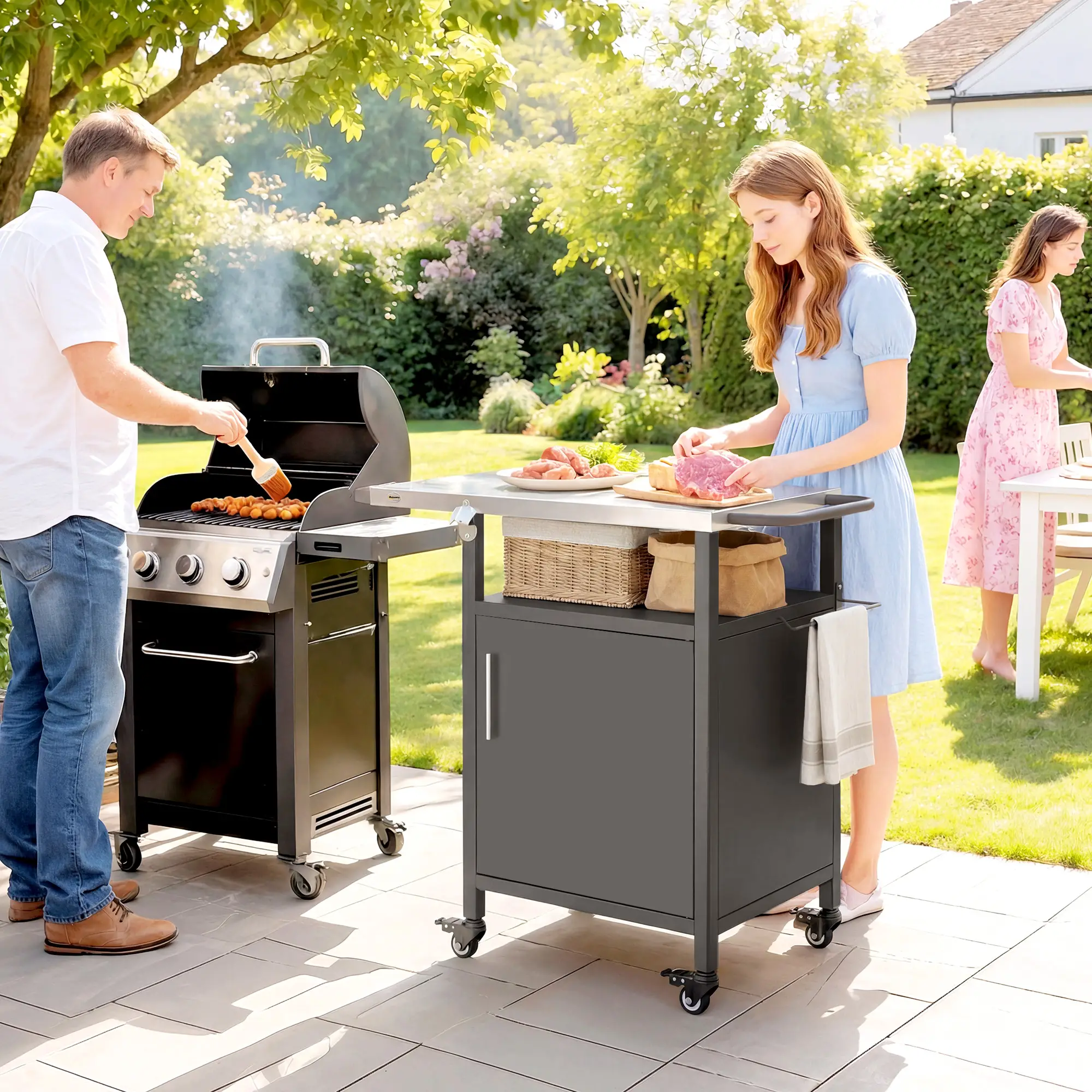 Outdoor Grill Cart With Steel Top, Pizza Oven Stand With Cabinet, Brown - Image 2