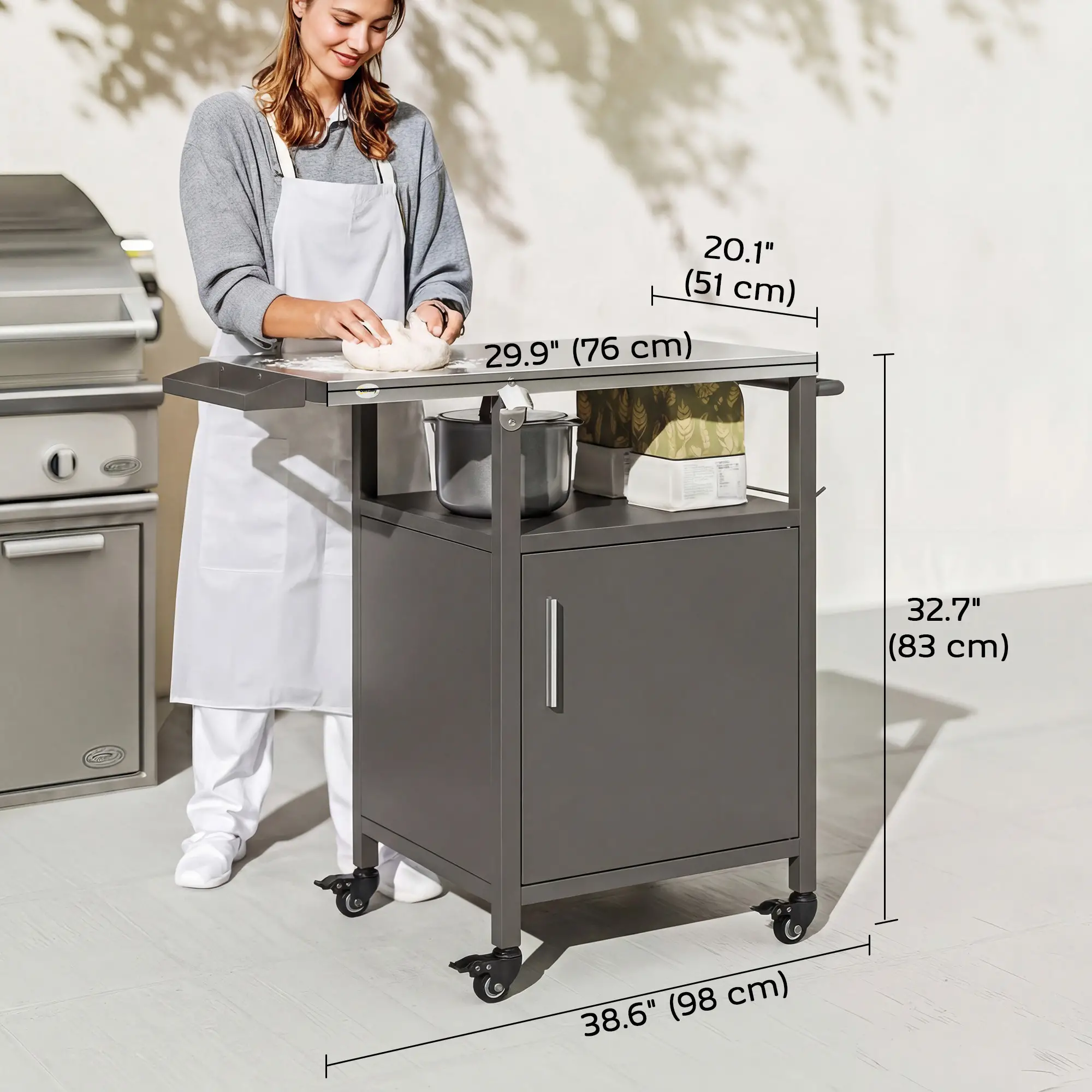 Outdoor Grill Cart With Steel Top, Pizza Oven Stand With Cabinet, Brown - Image 3