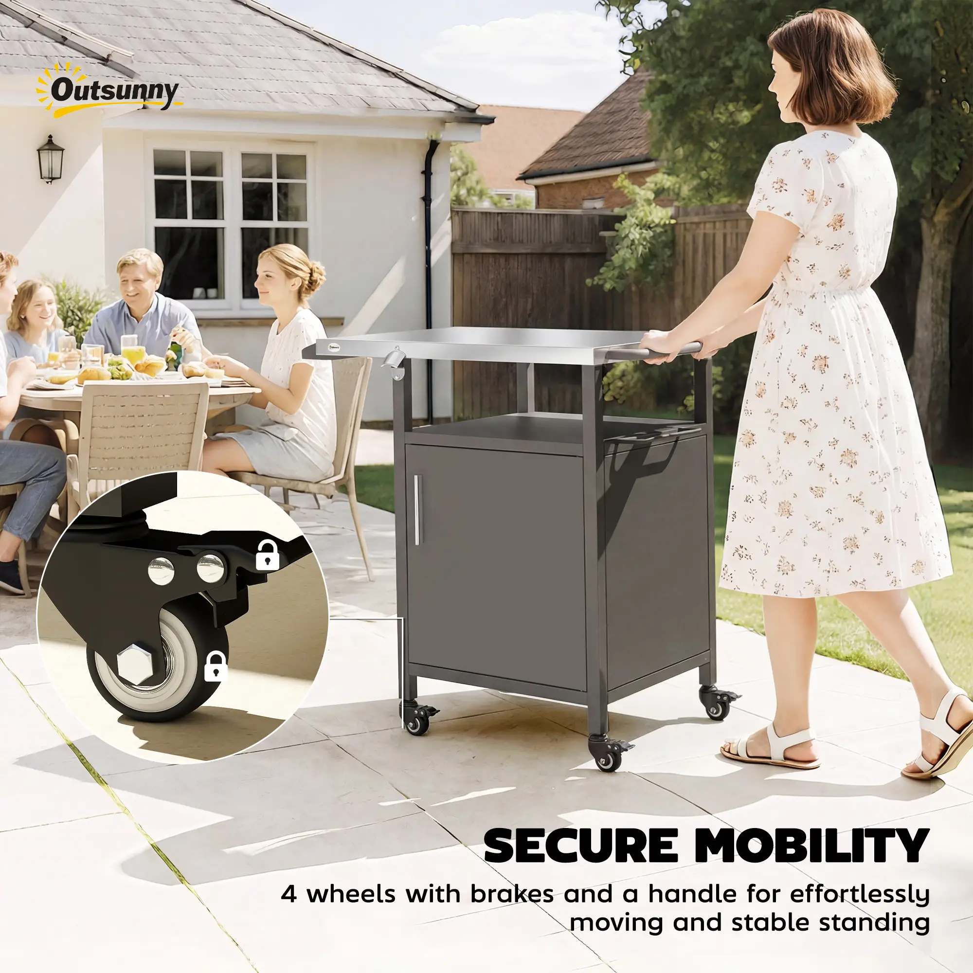 Outdoor Grill Cart With Steel Top, Pizza Oven Stand With Cabinet, Brown - Image 6