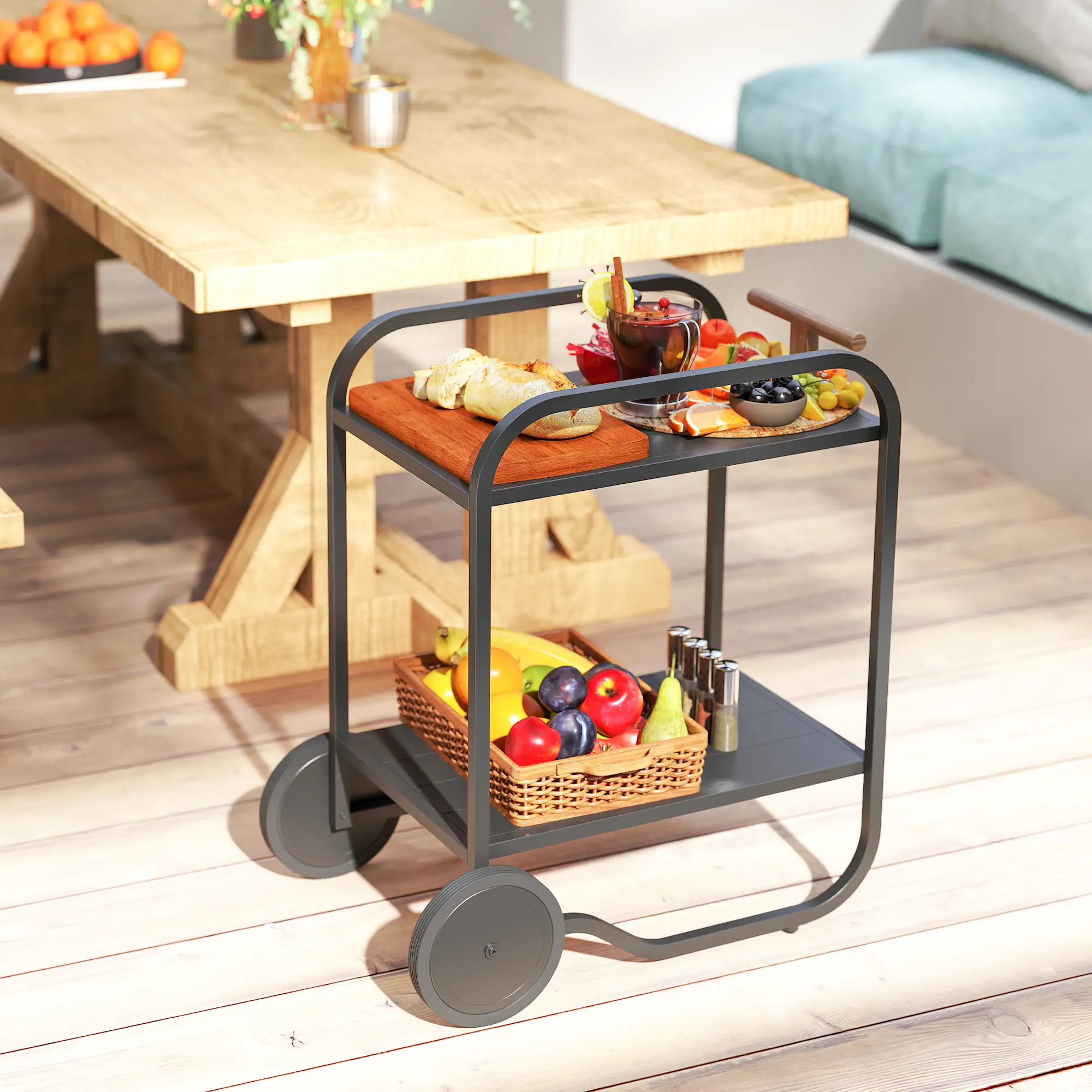 Outdoor Grill Cart With Storage, 2-Tier Bar Cart On Wheels, Steel Frame, Black - Image 10