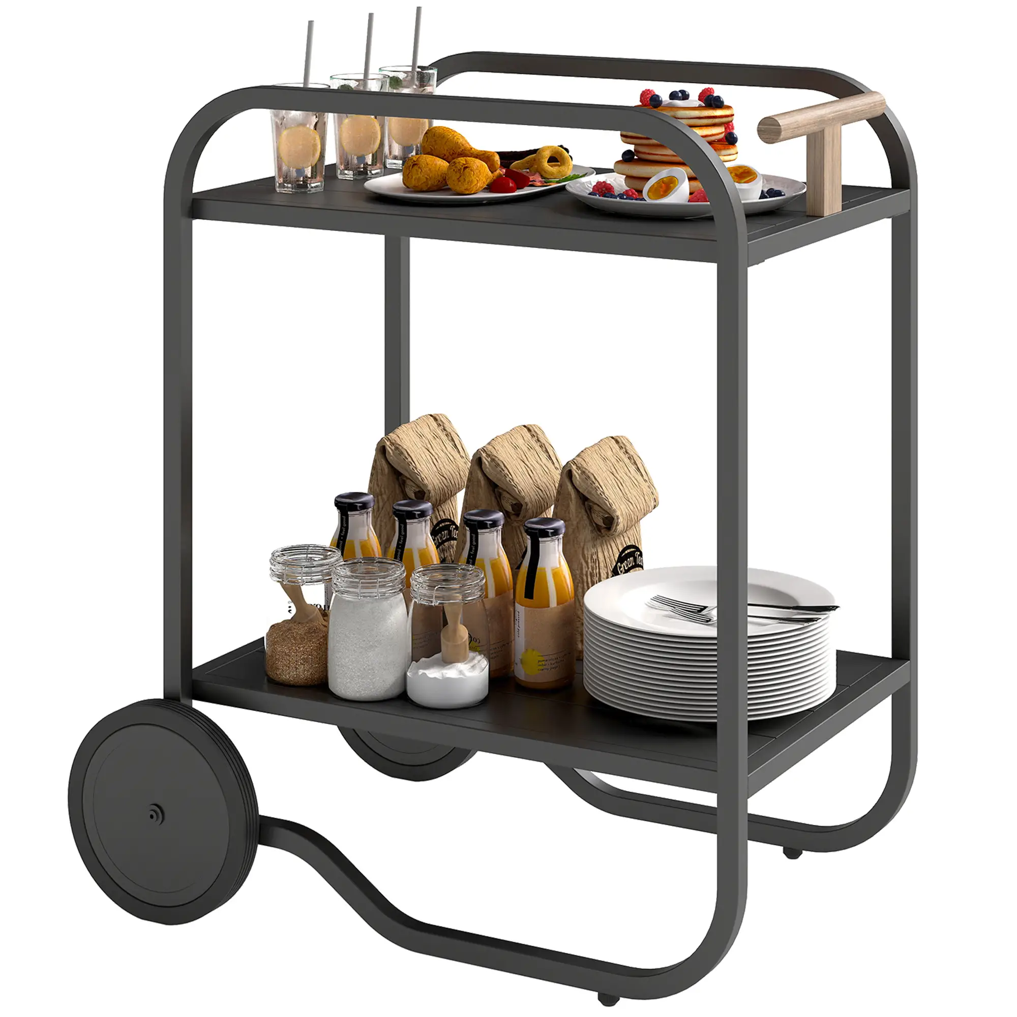 Outdoor Grill Cart With Storage, 2-Tier Bar Cart On Wheels, Steel Frame, Black - Image 11