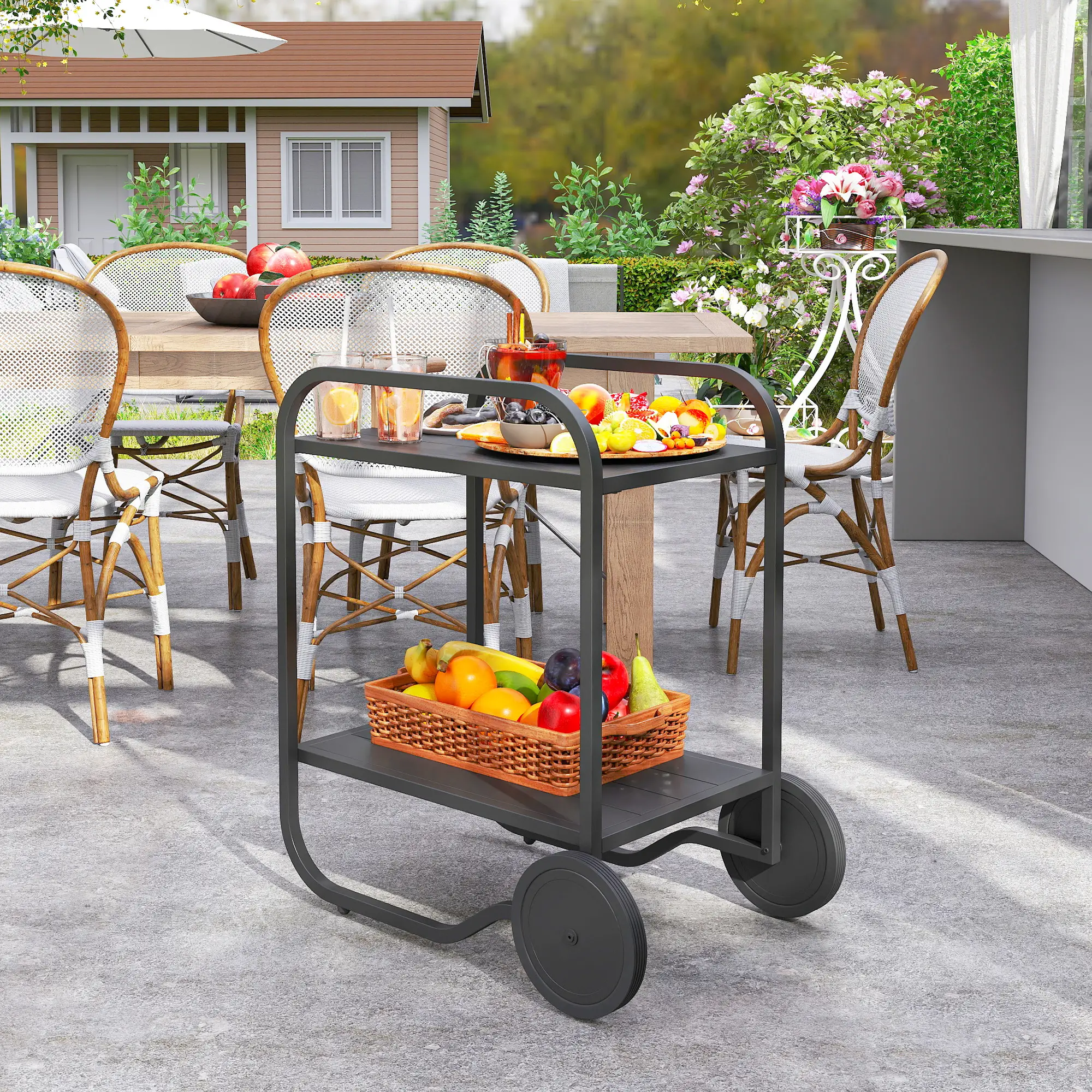 Outdoor Grill Cart With Storage, 2-Tier Bar Cart On Wheels, Steel Frame, Black - Image 2