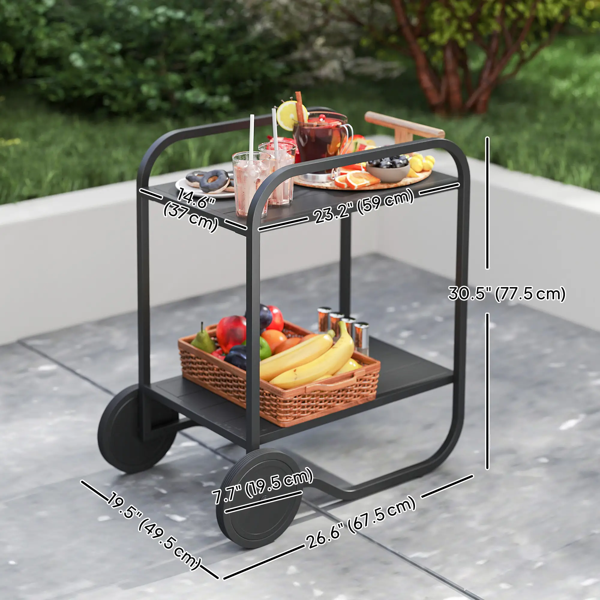 Outdoor Grill Cart With Storage, 2-Tier Bar Cart On Wheels, Steel Frame, Black - Image 3