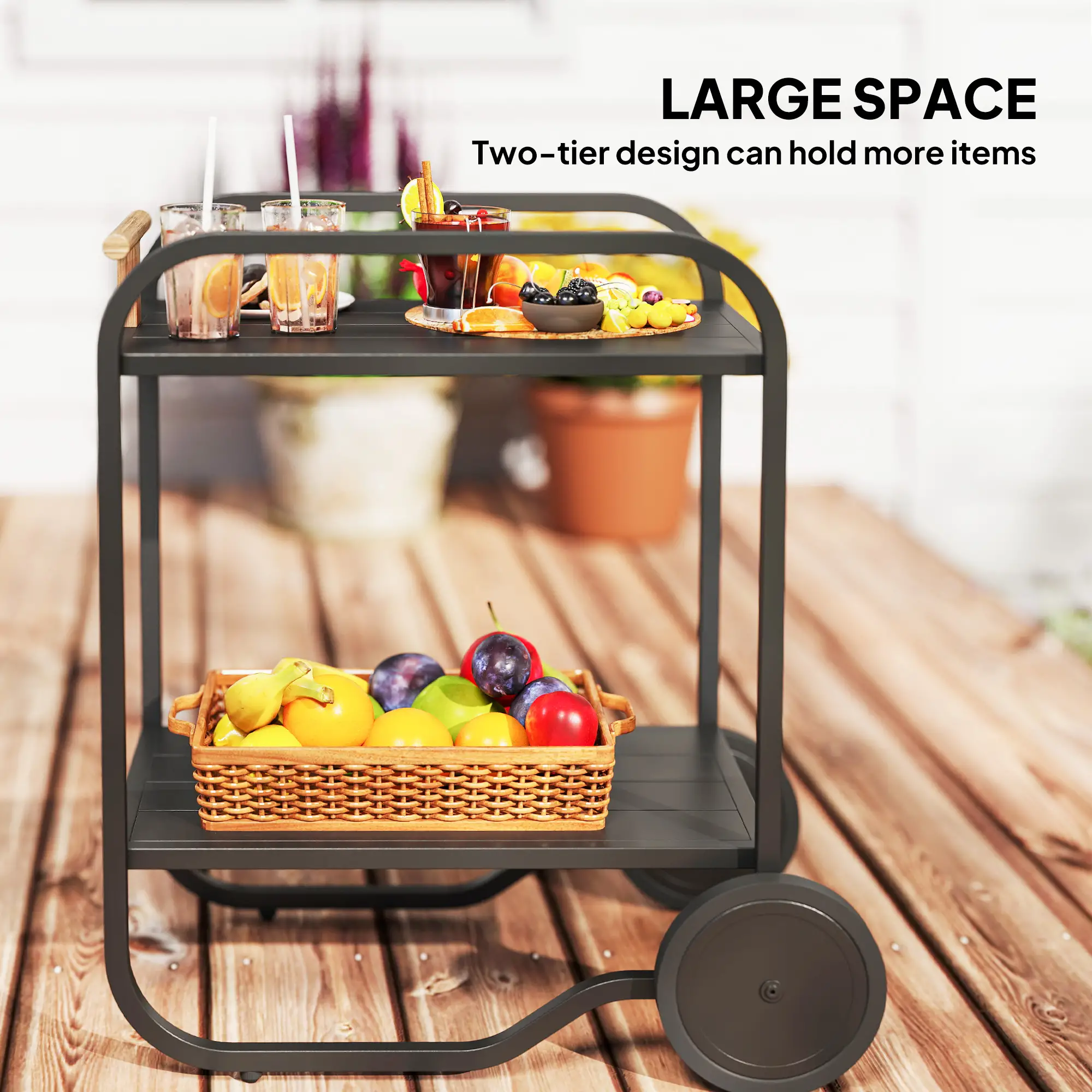 Outdoor Grill Cart With Storage, 2-Tier Bar Cart On Wheels, Steel Frame, Black - Image 4