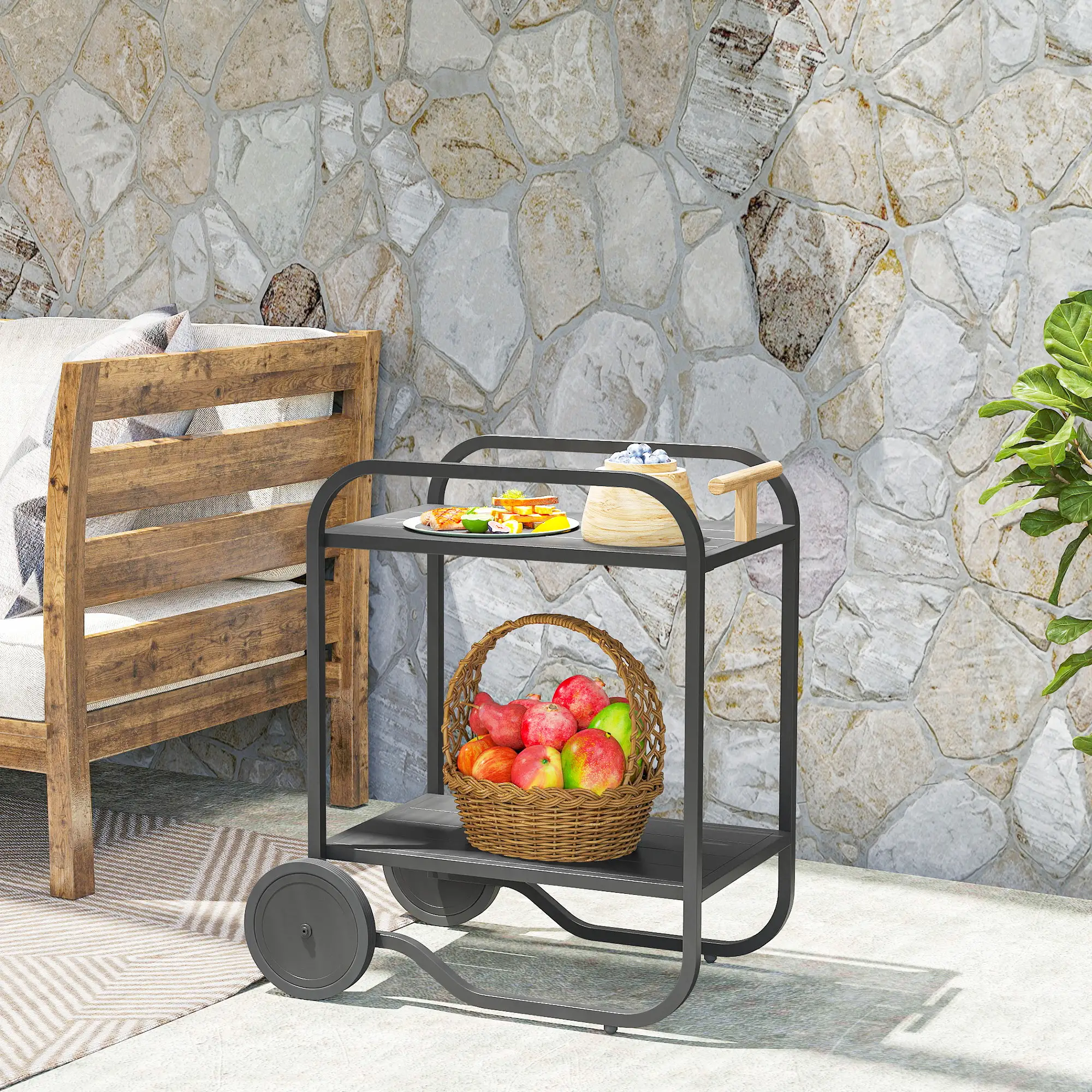 Outdoor Grill Cart With Storage, 2-Tier Bar Cart On Wheels, Steel Frame, Black - Image 7