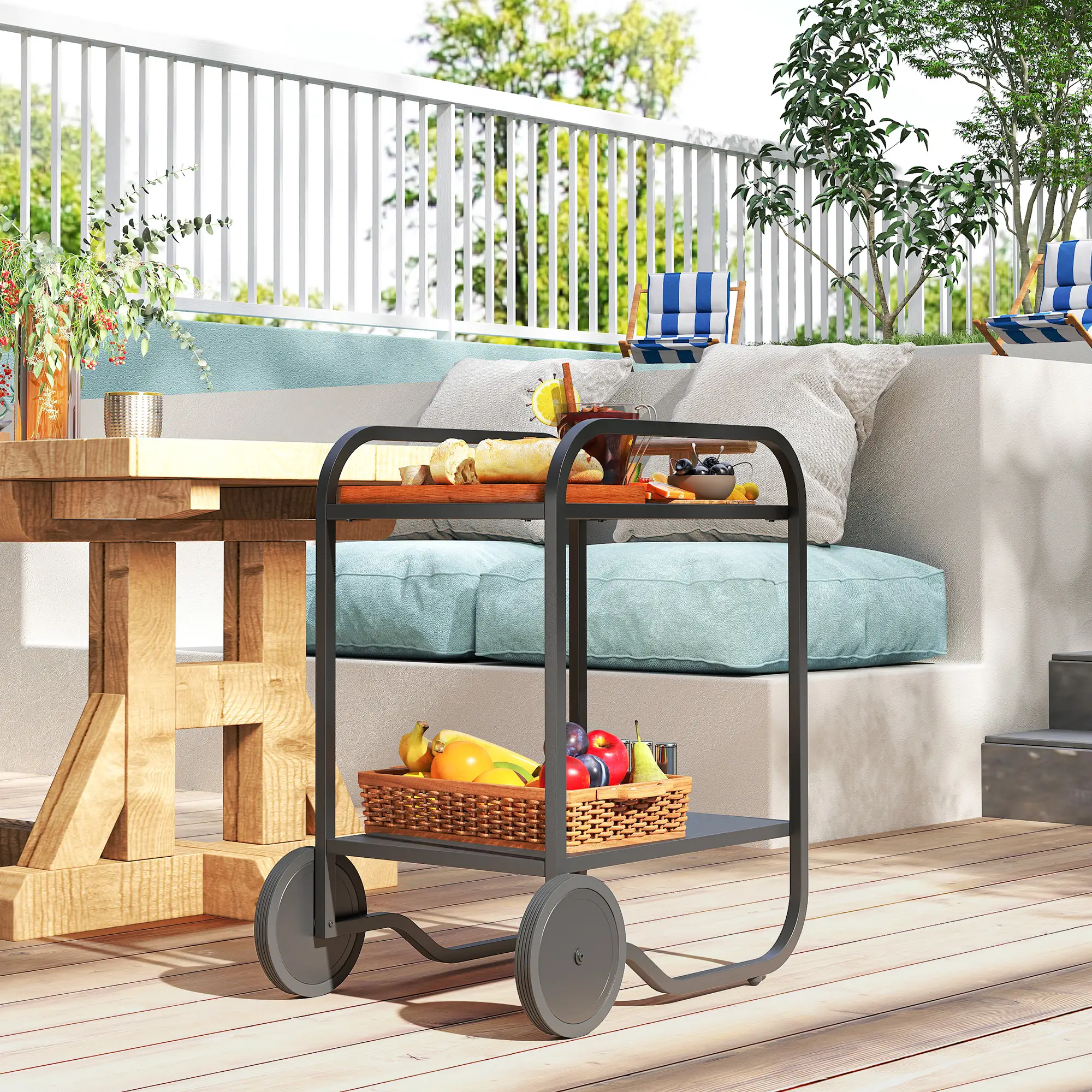 Outdoor Grill Cart With Storage, 2-Tier Bar Cart On Wheels, Steel Frame, Black - Image 8