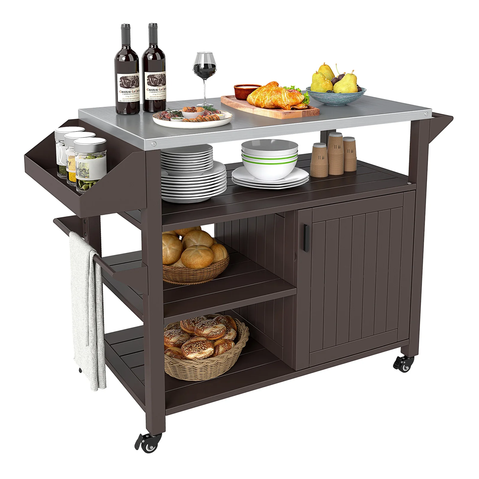 Outdoor Grill Cart With Storage Cabinet, Stainless Steel Top, Brown - Image 4
