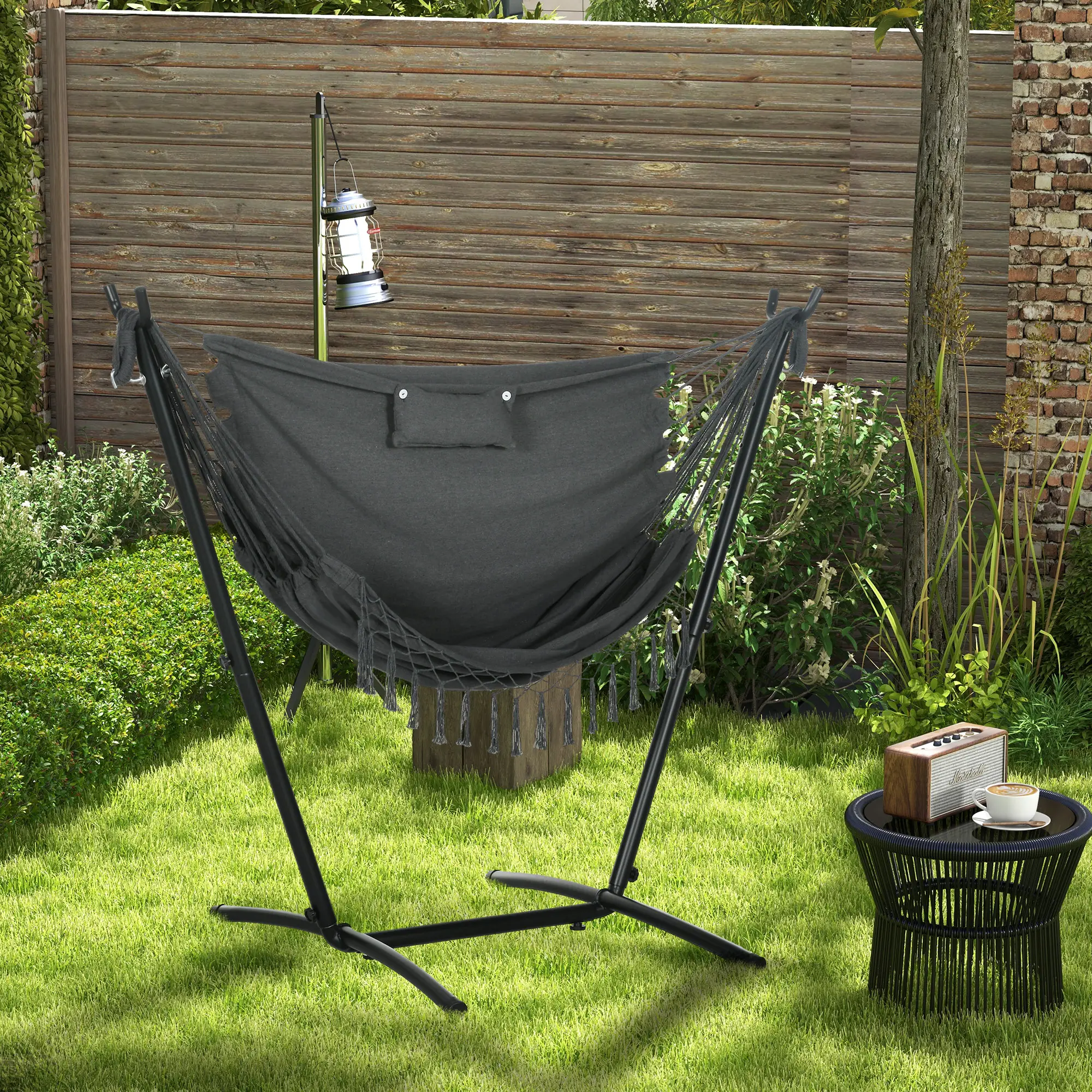 Outdoor Hammock Chair With Stand, Side Pocket And Headrest, Dark Grey - Image 2