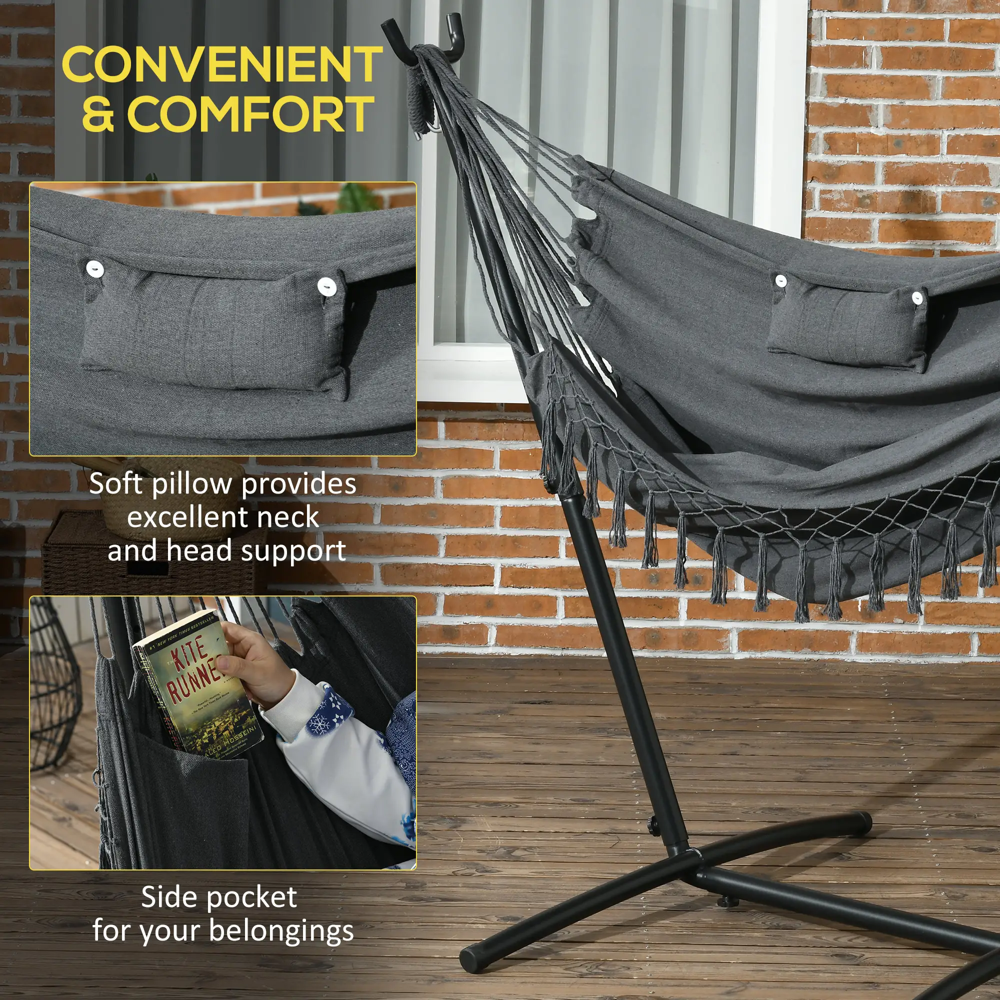 Outdoor Hammock Chair With Stand, Side Pocket And Headrest, Dark Grey - Image 5