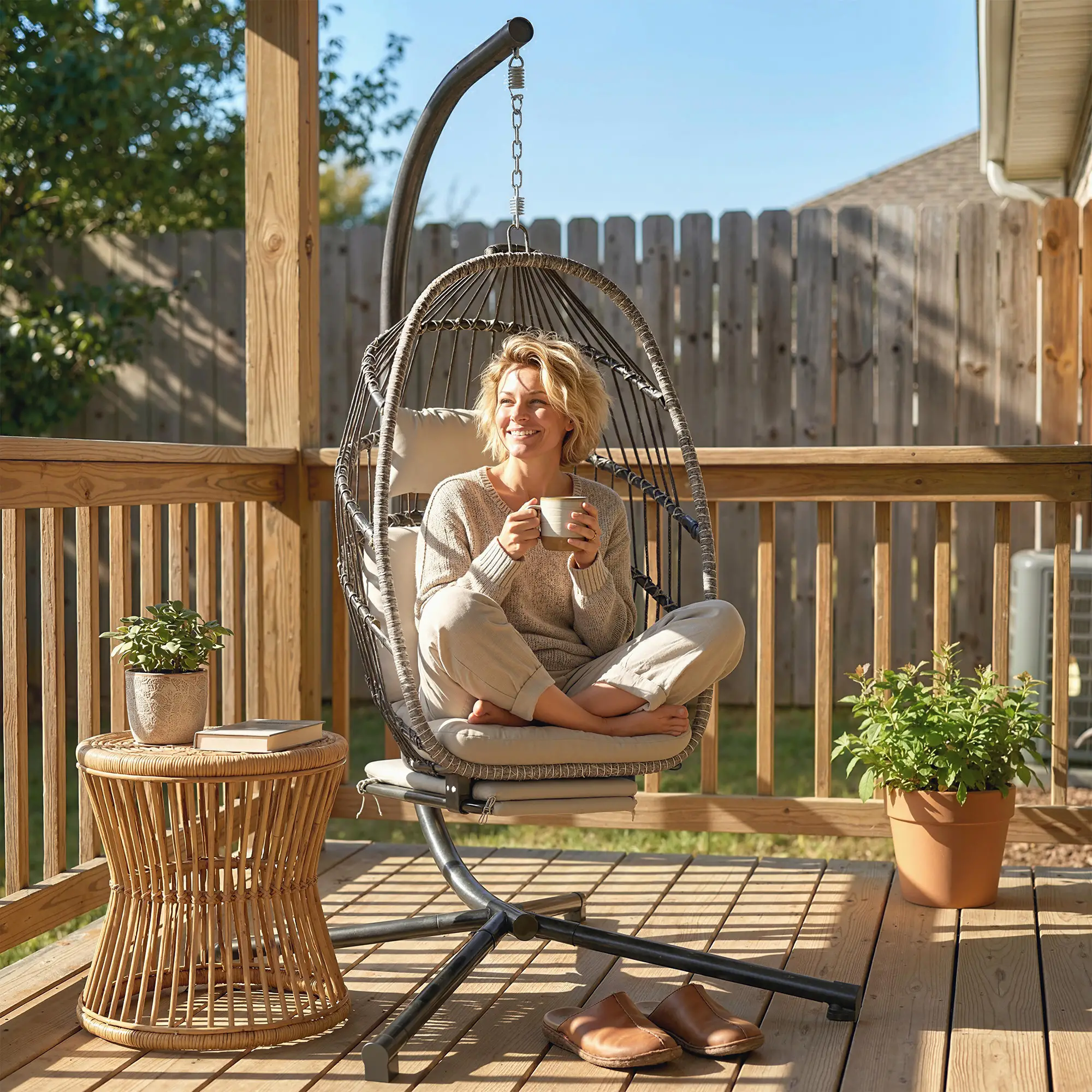Outdoor Hanging Egg Chair, Retractable Footrest, Metal Stand, Light Grey - Image 10