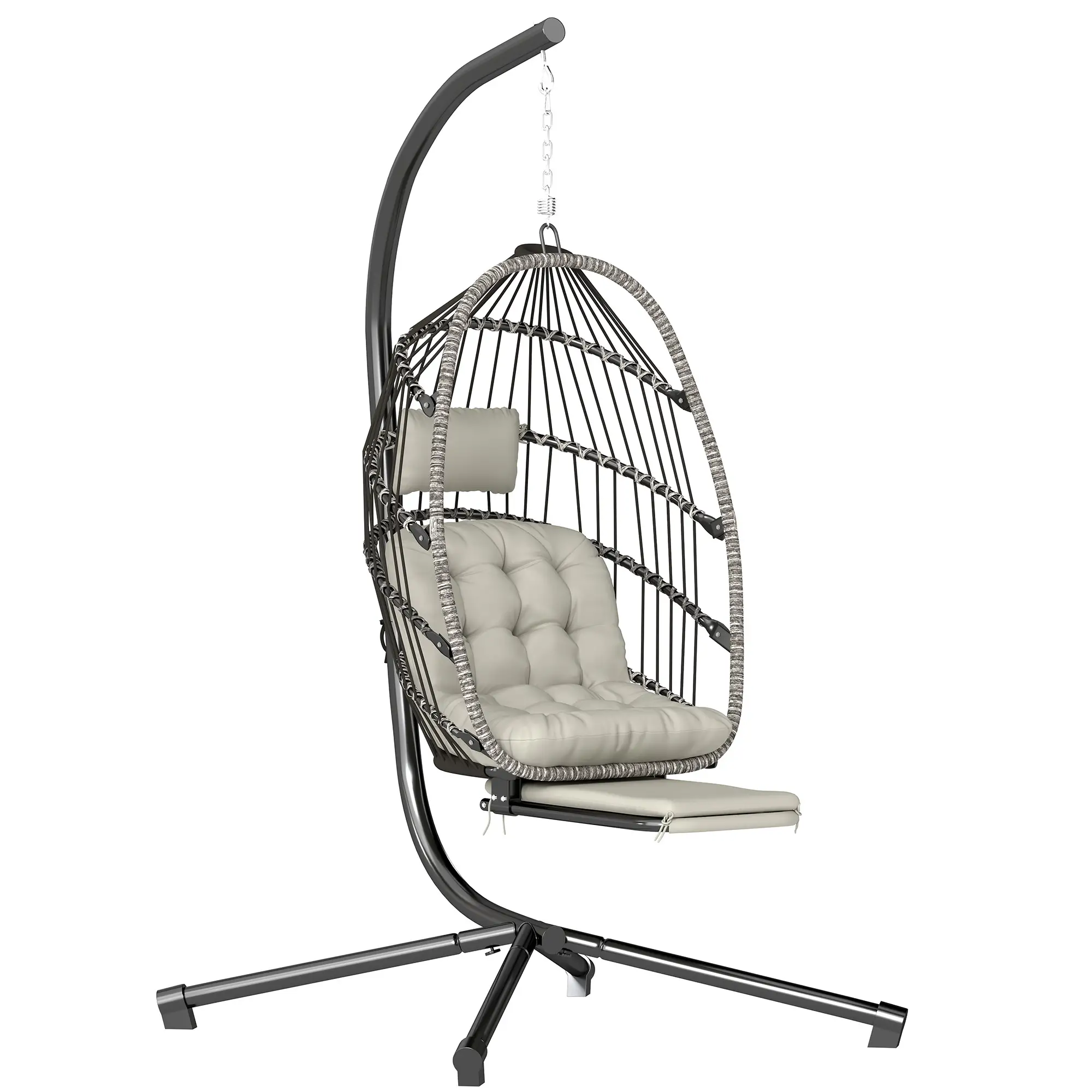 Outdoor Hanging Egg Chair, Retractable Footrest, Metal Stand, Light Grey - Image 11