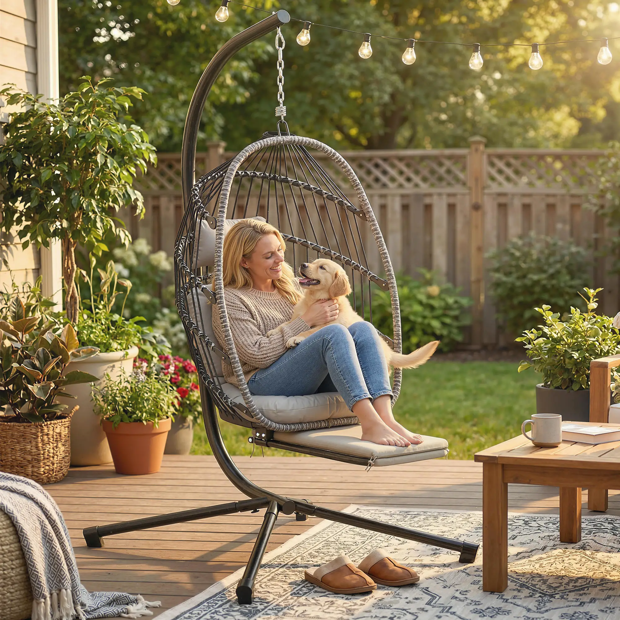 Outdoor Hanging Egg Chair, Retractable Footrest, Metal Stand, Light Grey - Image 2