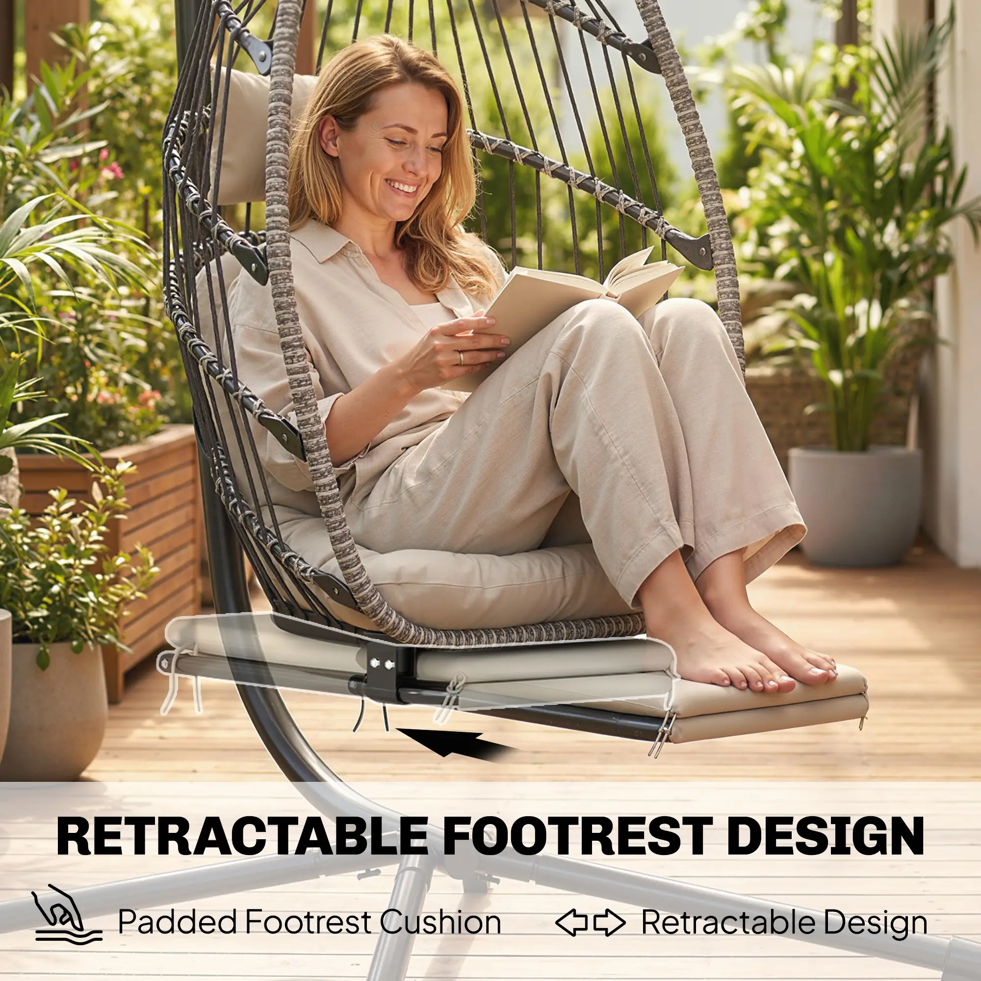 Outdoor Hanging Egg Chair, Retractable Footrest, Metal Stand, Light Grey - Image 4