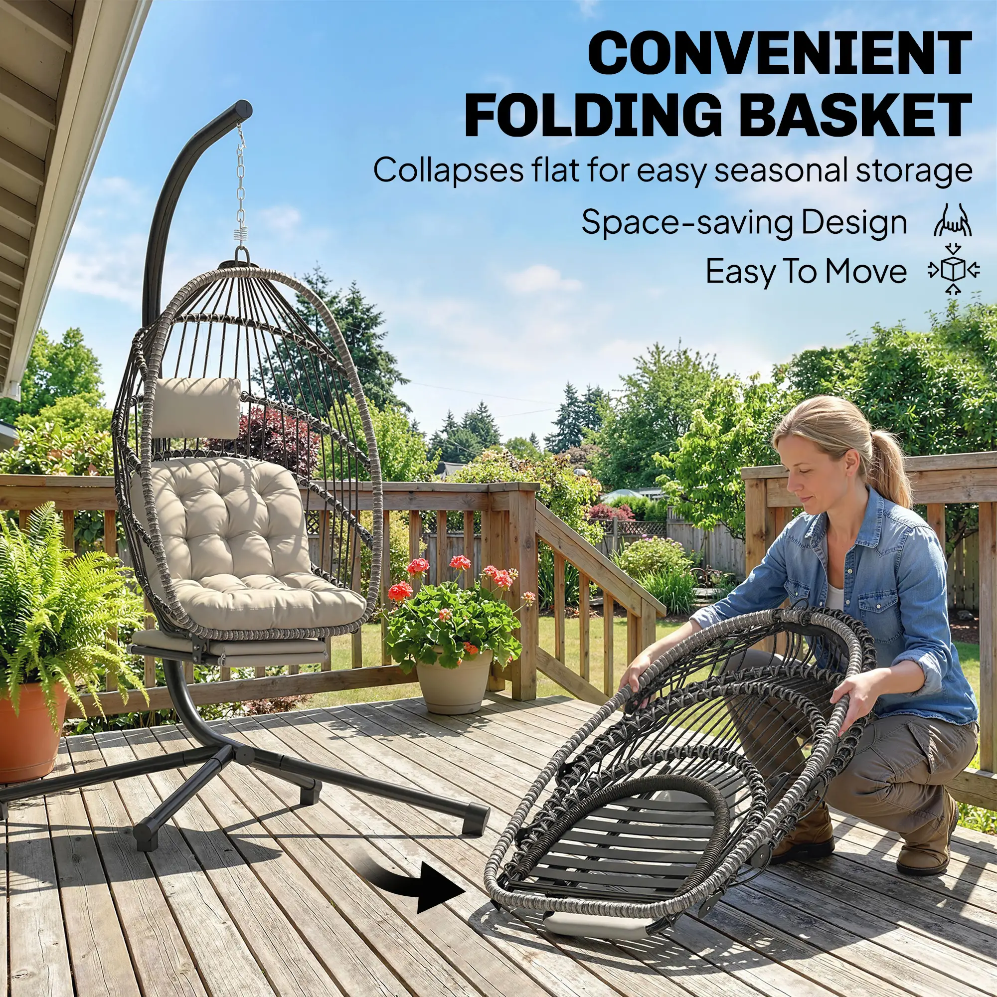Outdoor Hanging Egg Chair, Retractable Footrest, Metal Stand, Light Grey - Image 5