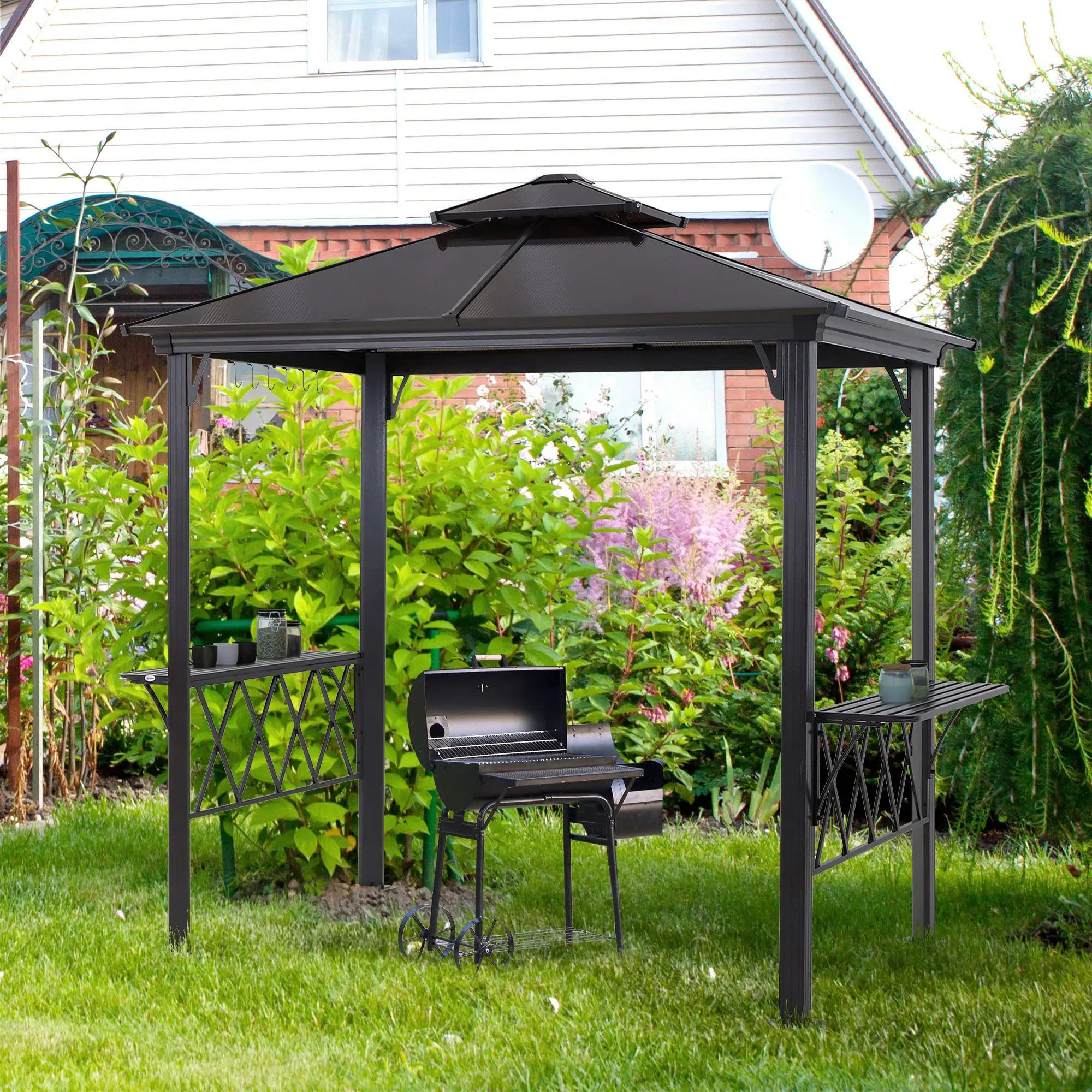 Outdoor Hardtop Grill Gazebo, BBQ Canopy With 6 Hooks, Double Vented PC Roof - Image 2
