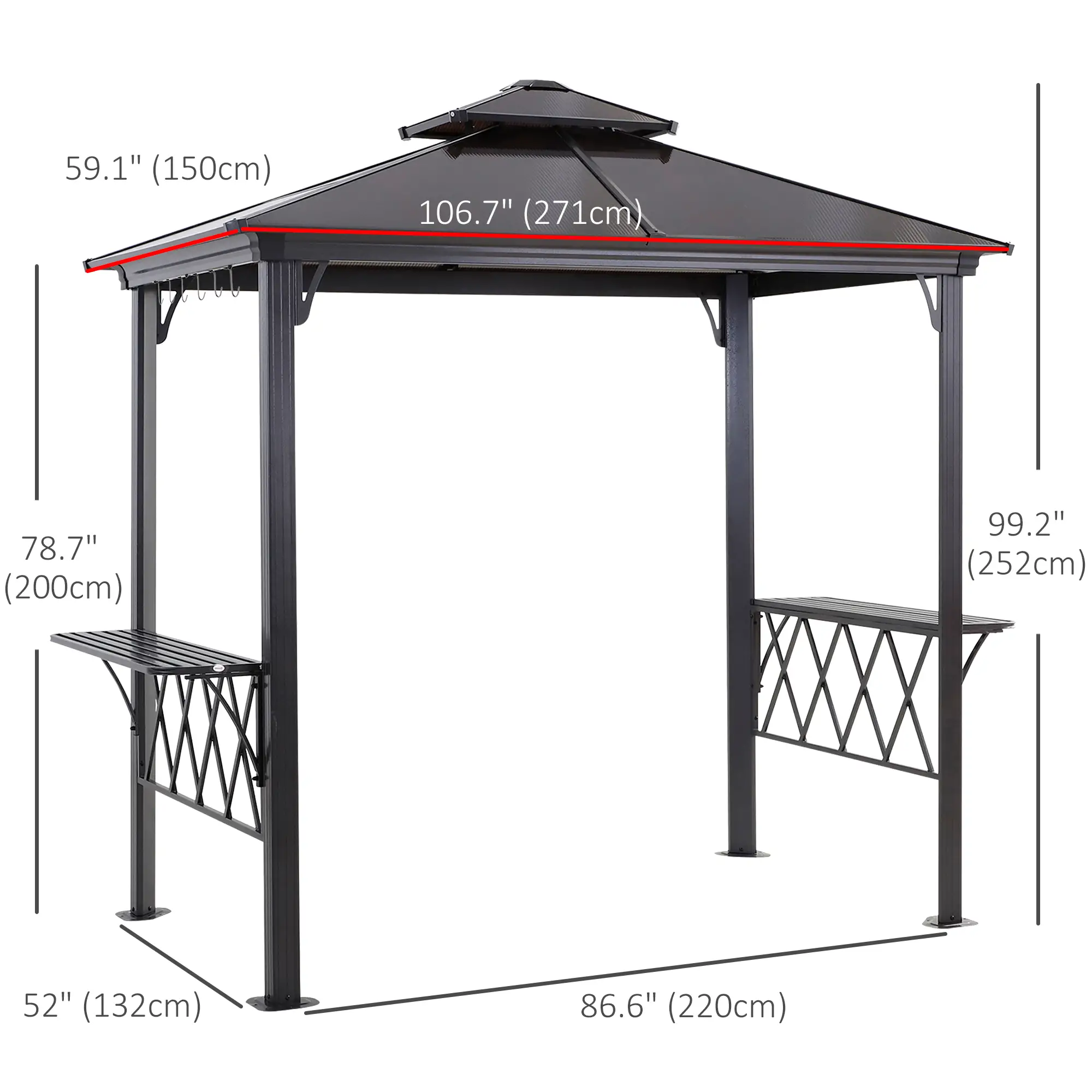 Outdoor Hardtop Grill Gazebo, BBQ Canopy With 6 Hooks, Double Vented PC Roof - Image 3