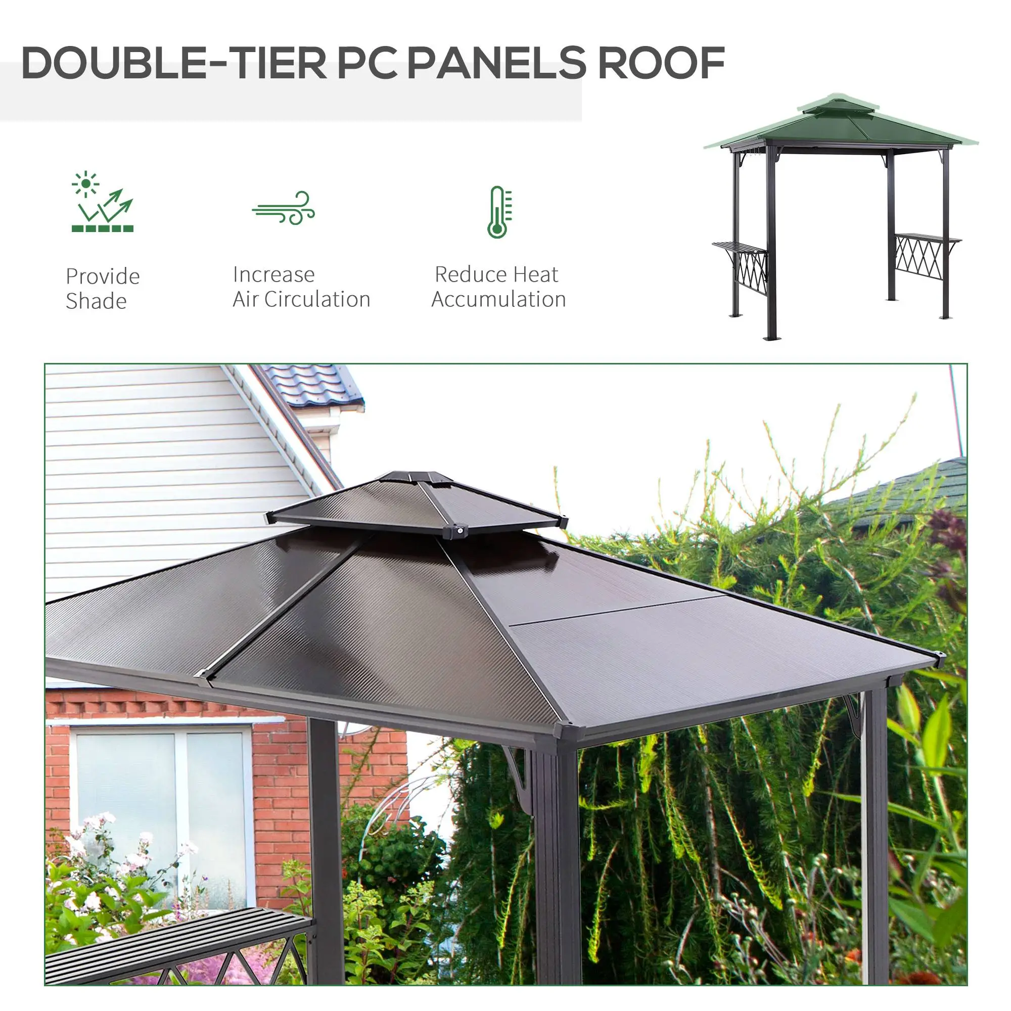 Outdoor Hardtop Grill Gazebo, BBQ Canopy With 6 Hooks, Double Vented PC Roof - Image 4