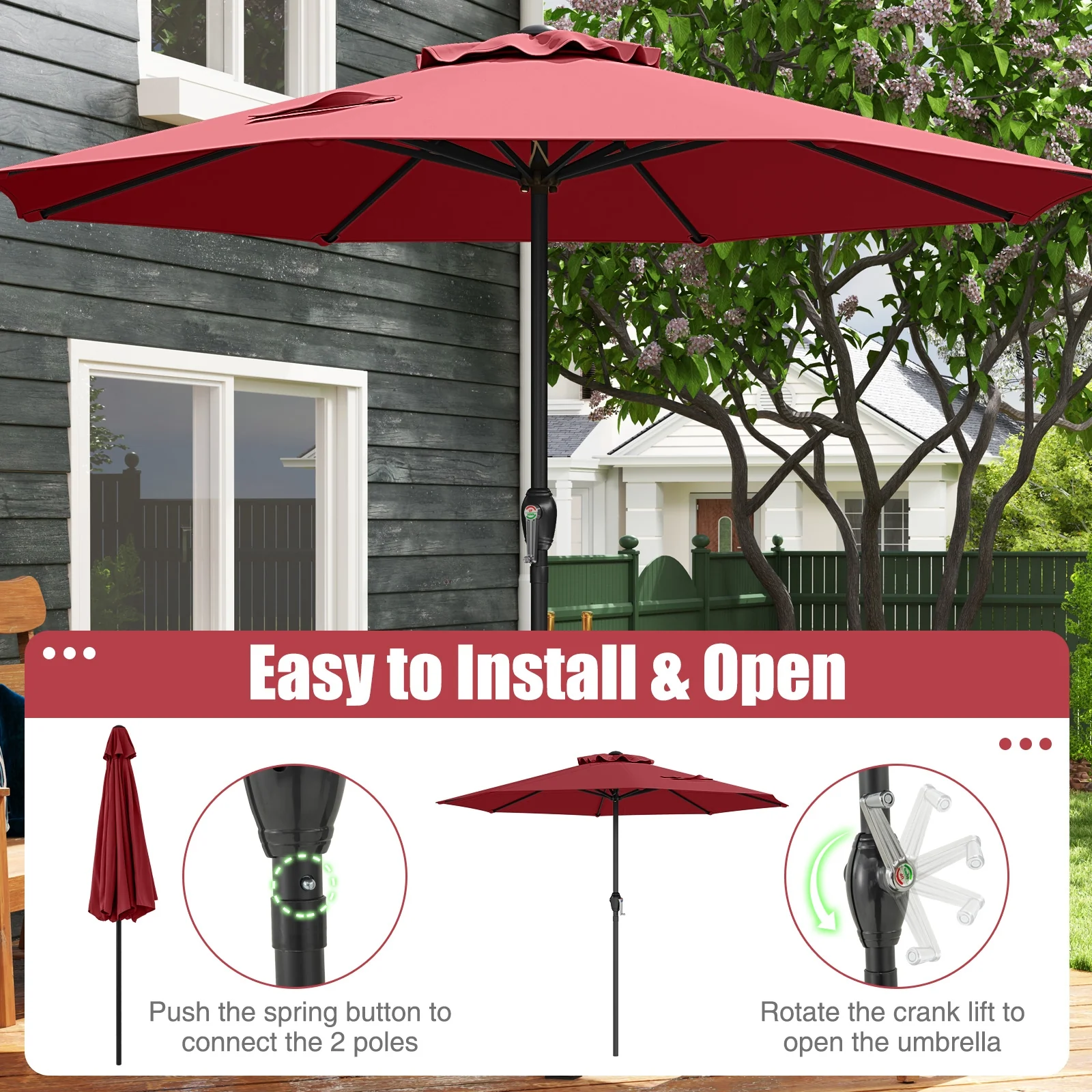 Outdoor Heavy Duty Market Umbrella, Crank Handle, 8 Ribs, Red - Image 10