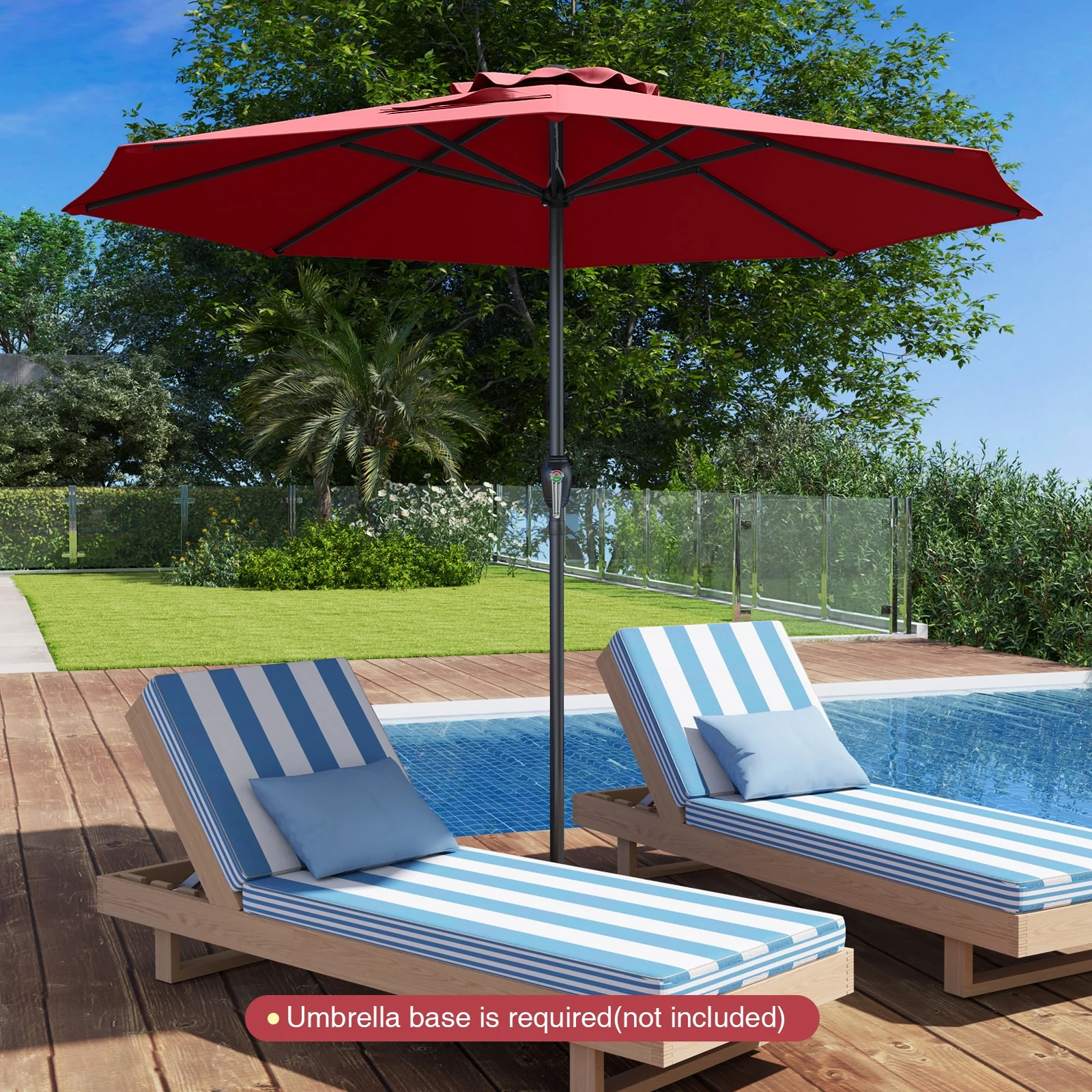 Outdoor Heavy Duty Market Umbrella, Crank Handle, 8 Ribs, Red - Image 3