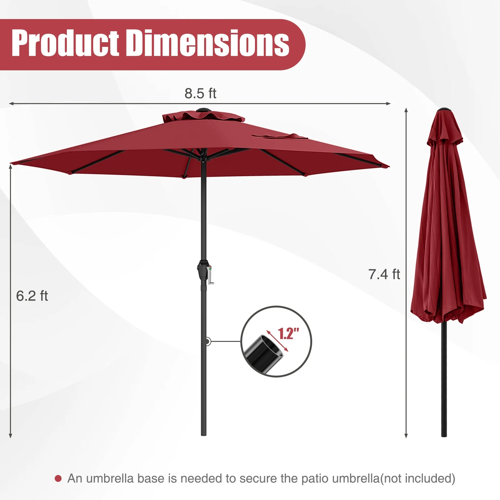 Outdoor Heavy Duty Market Umbrella, Crank Handle, 8 Ribs, Red - Image 6