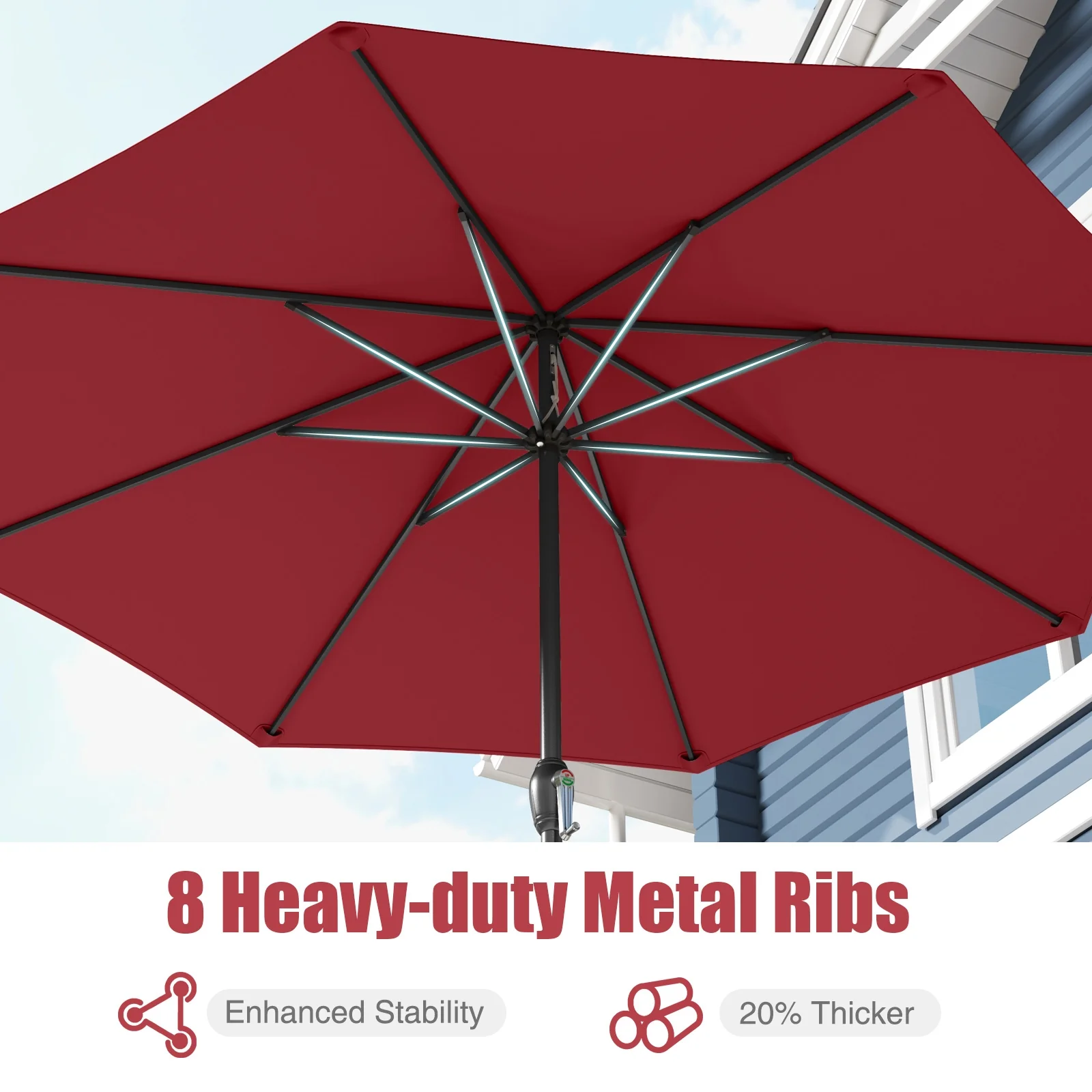 Outdoor Heavy Duty Market Umbrella, Crank Handle, 8 Ribs, Red - Image 8