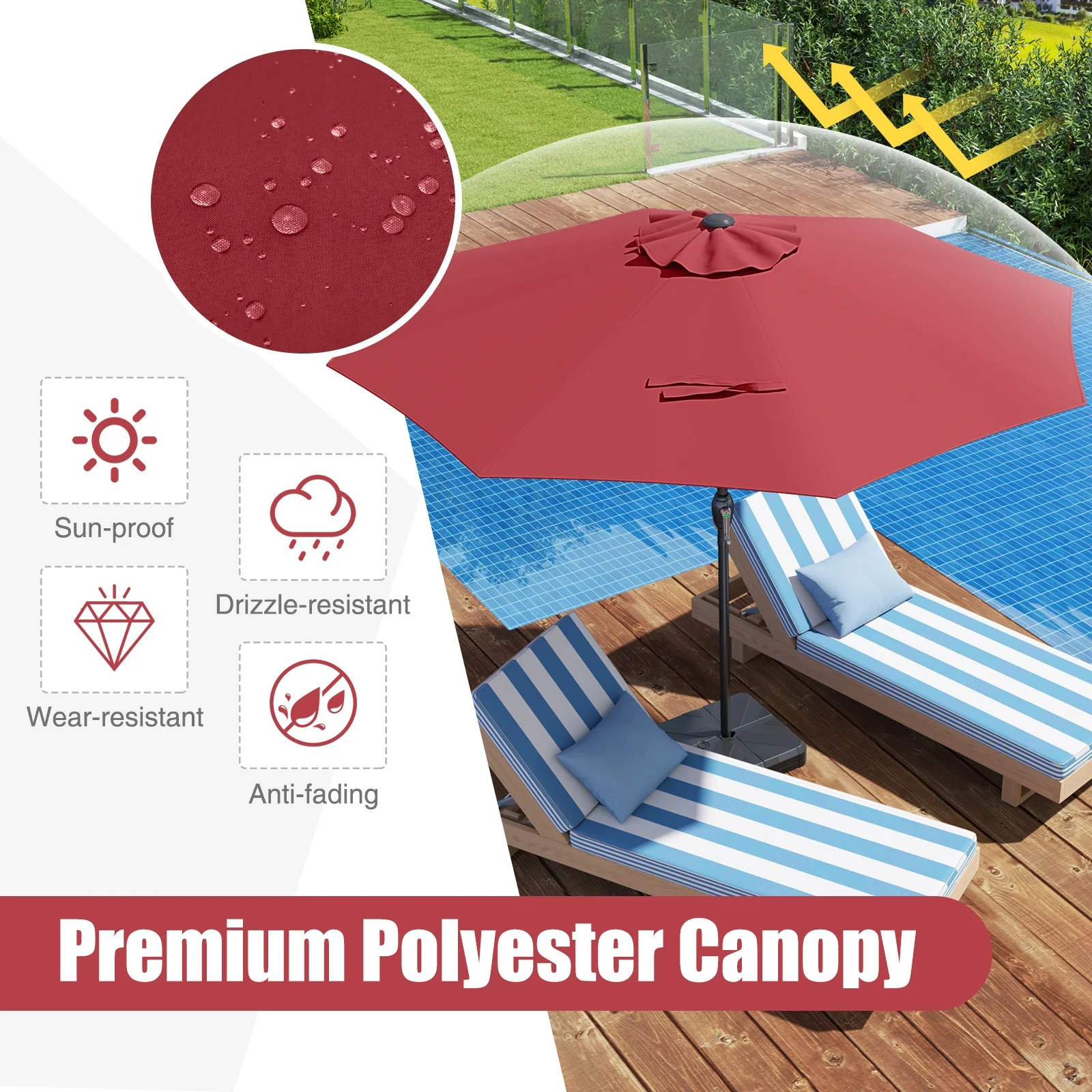 Outdoor Heavy Duty Market Umbrella, Crank Handle, 8 Ribs, Red - Image 9