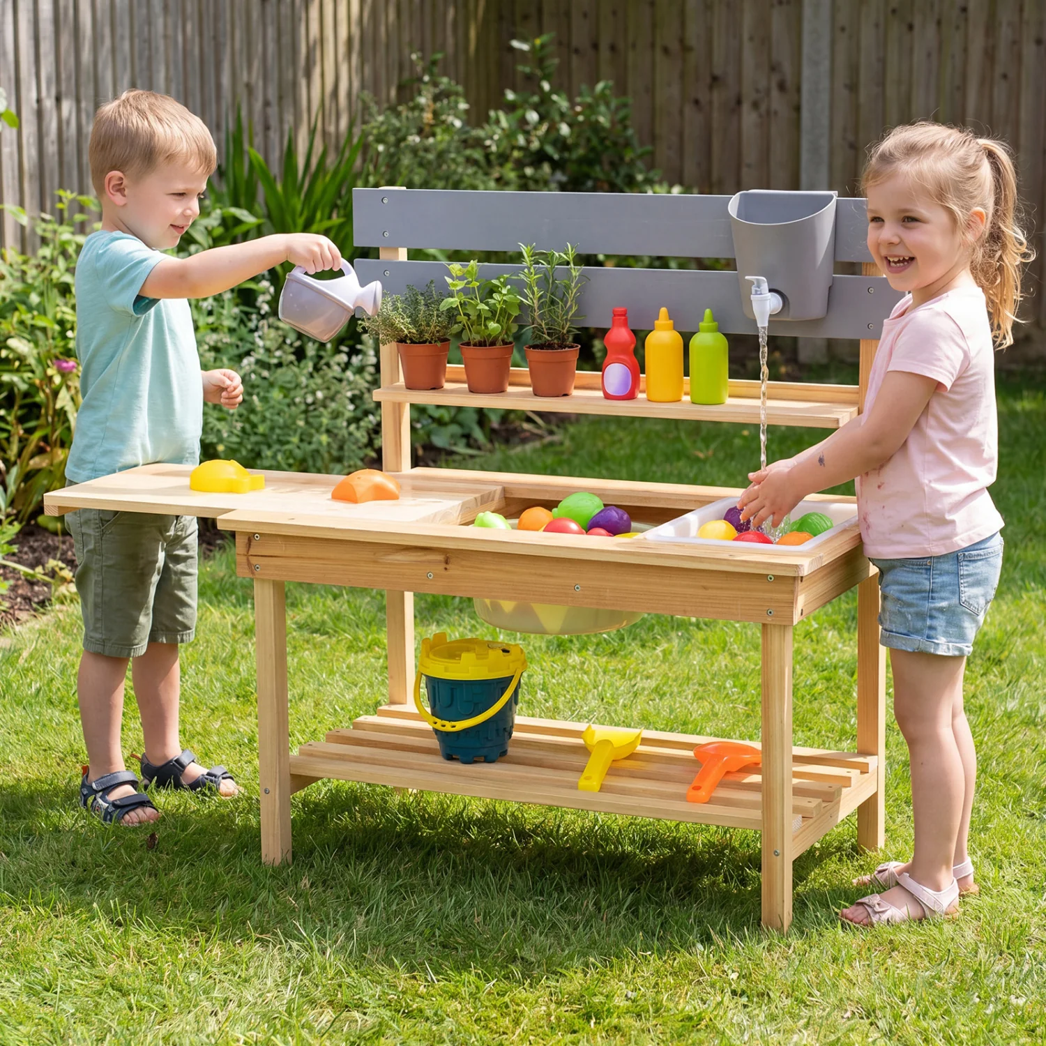 Outdoor Kids Mud Kitchen with Extended Tabletop and Water Tank, Natural - Image 2