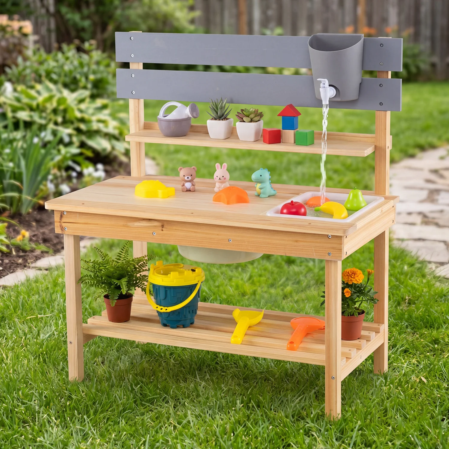 Outdoor Kids Mud Kitchen with Extended Tabletop and Water Tank, Natural - Image 3