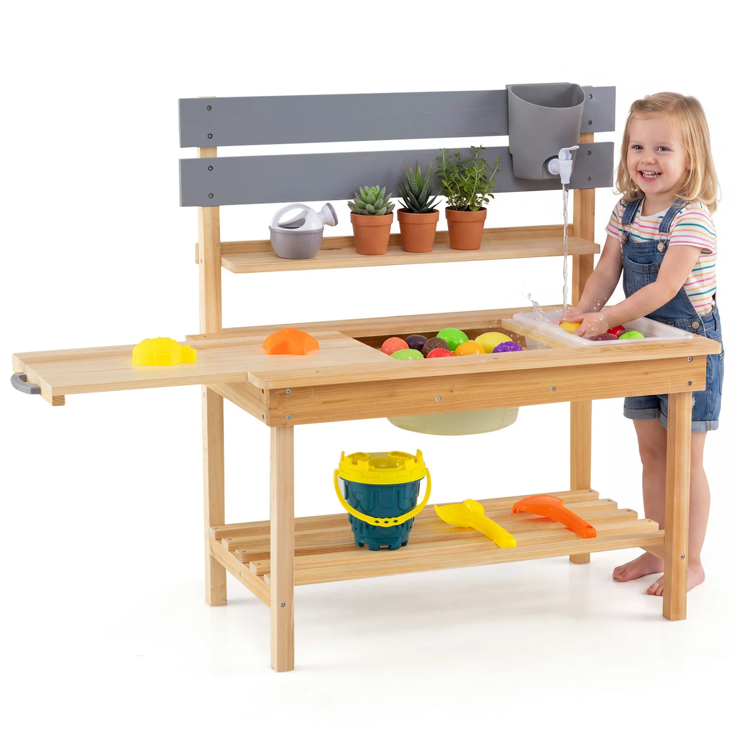 Outdoor Kids Mud Kitchen with Extended Tabletop and Water Tank, Natural - Image 4
