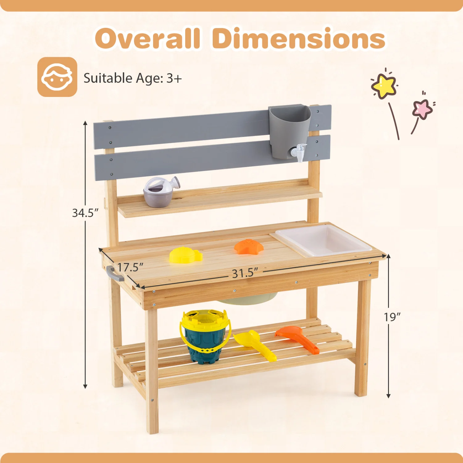 Outdoor Kids Mud Kitchen with Extended Tabletop and Water Tank, Natural - Image 5