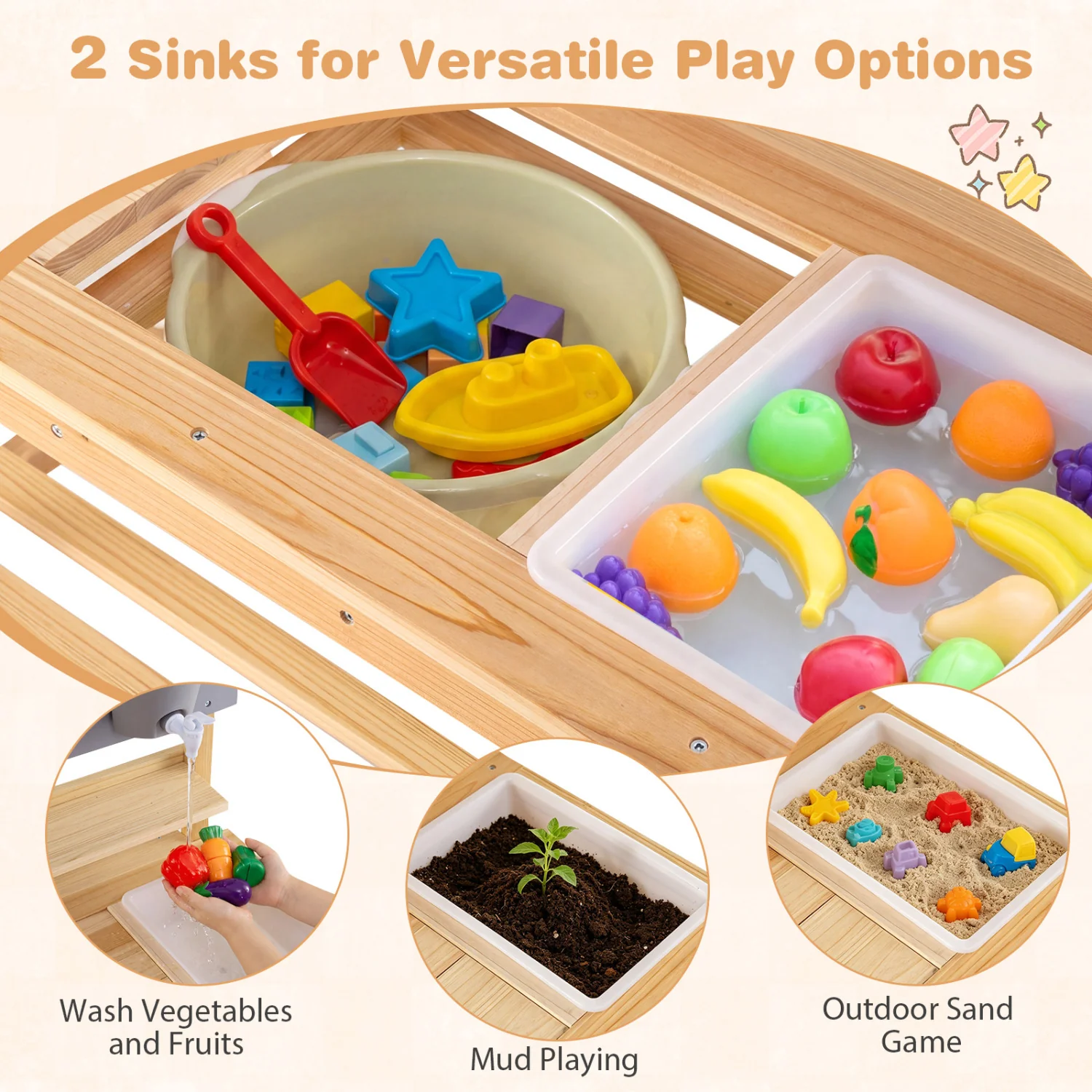 Outdoor Kids Mud Kitchen with Extended Tabletop and Water Tank, Natural - Image 7