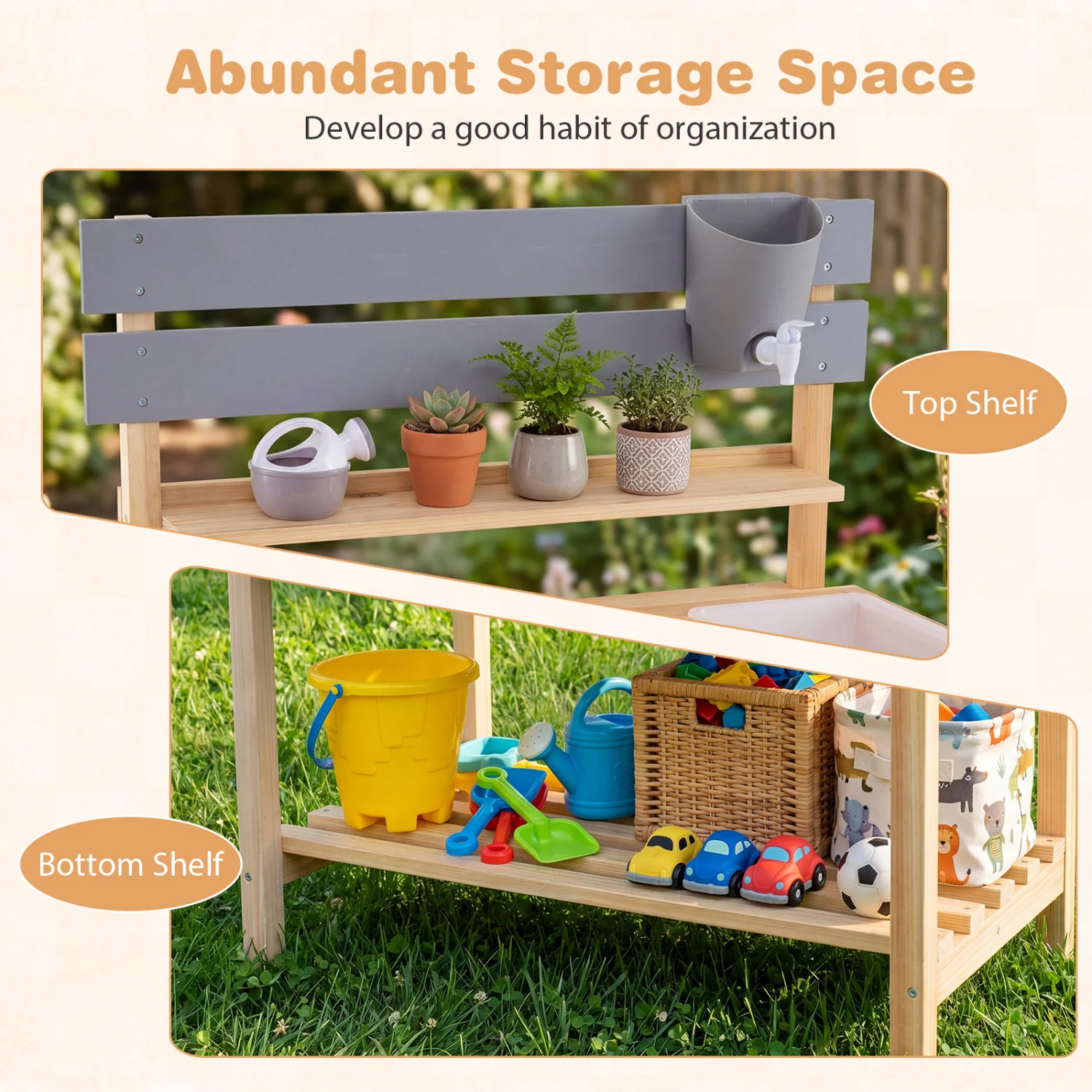 Outdoor Kids Mud Kitchen with Extended Tabletop and Water Tank, Natural - Image 9