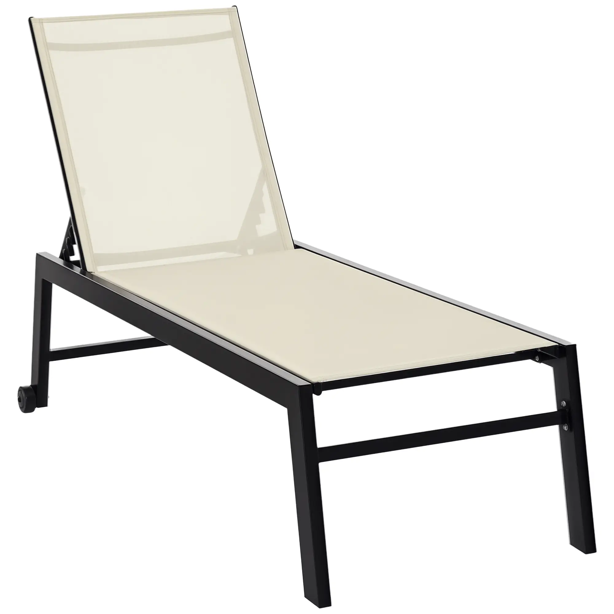 Outdoor Lounge Chair, 5-Position Reclining Backrest, 2 Wheels, Cream White
