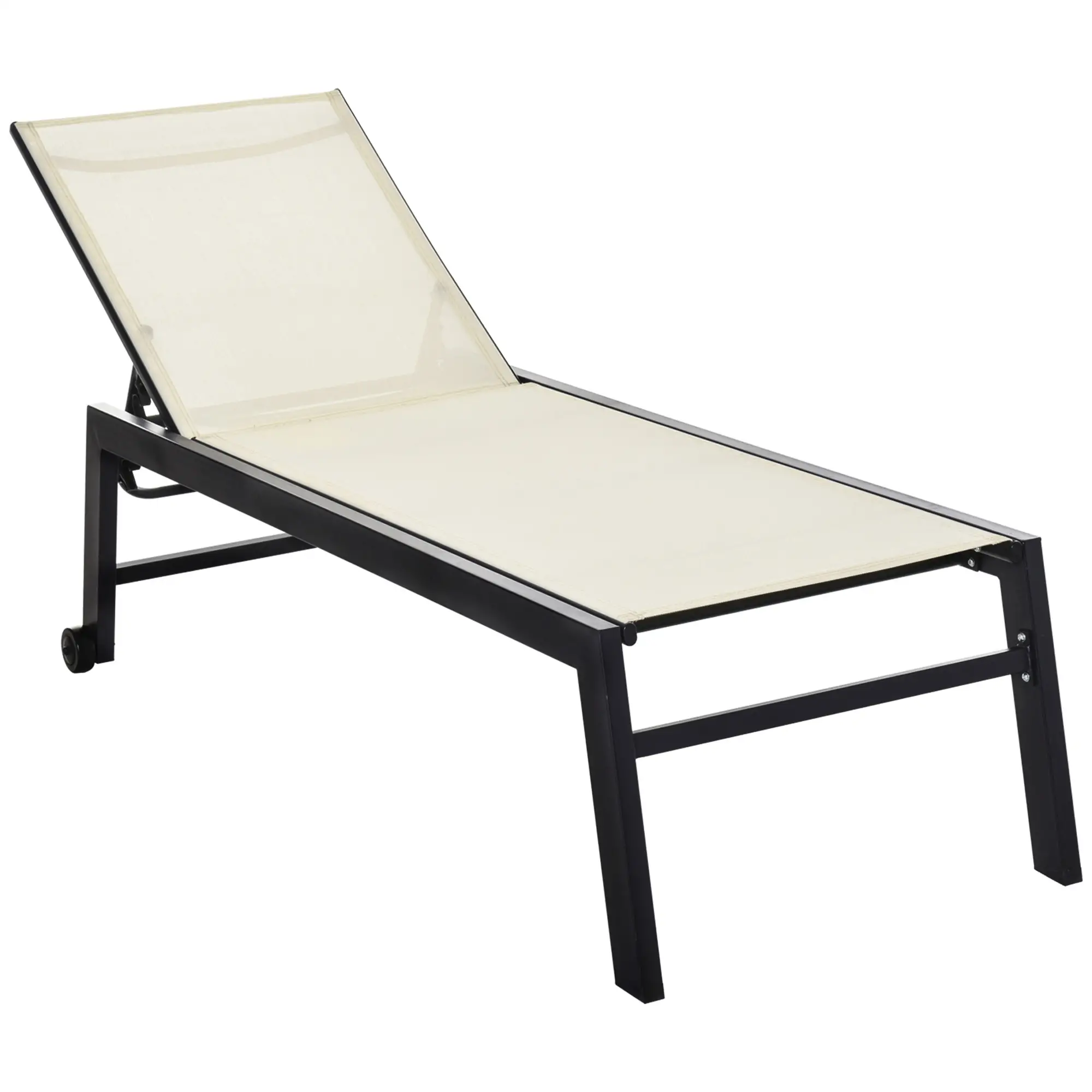 Outdoor Lounge Chair, 5-Position Reclining Backrest, 2 Wheels, Cream White - Image 14