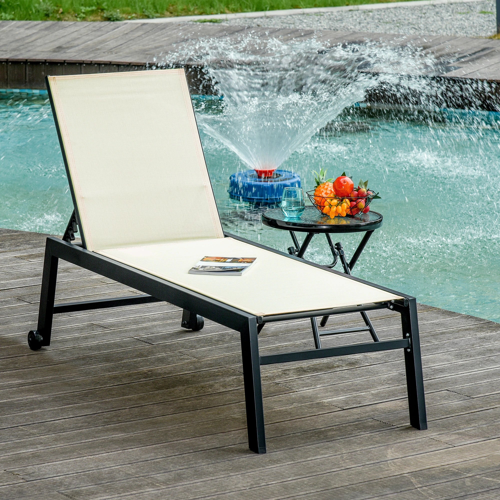 Outdoor Lounge Chair, 5-Position Reclining Backrest, 2 Wheels, Cream White - Image 2