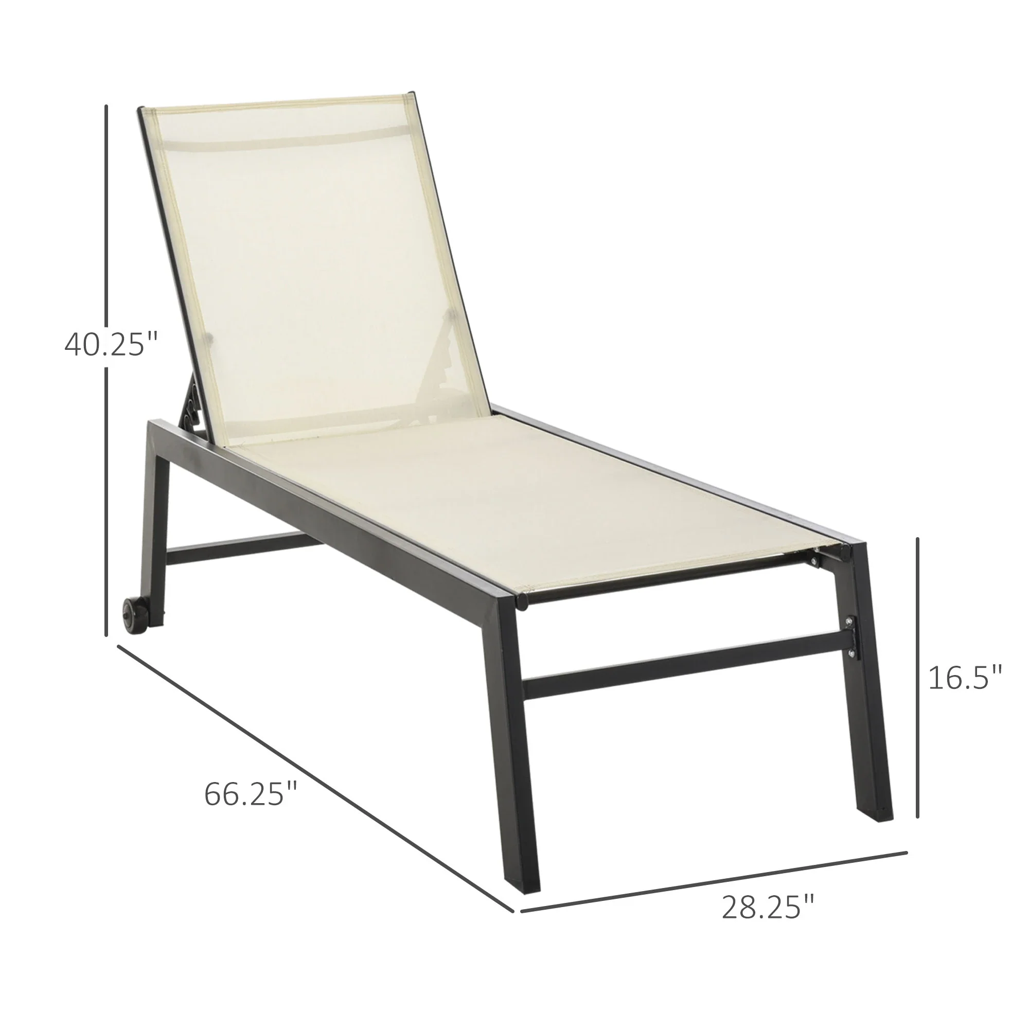 Outdoor Lounge Chair, 5-Position Reclining Backrest, 2 Wheels, Cream White - Image 3