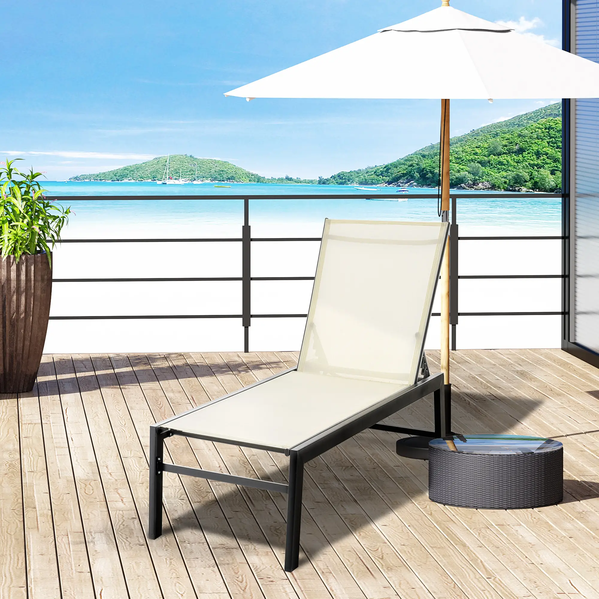 Outdoor Lounge Chair, 5-Position Reclining Backrest, 2 Wheels, Cream White - Image 8