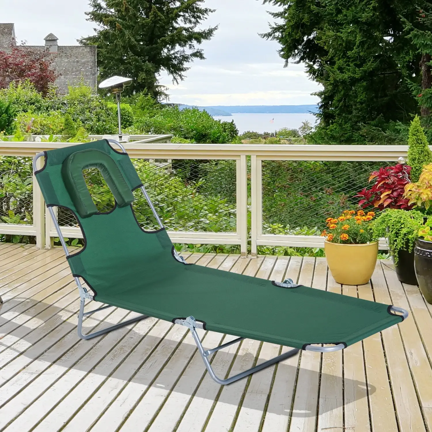 Outdoor Lounge Chair, Adjustable Folding Chaise, Green - Image 2