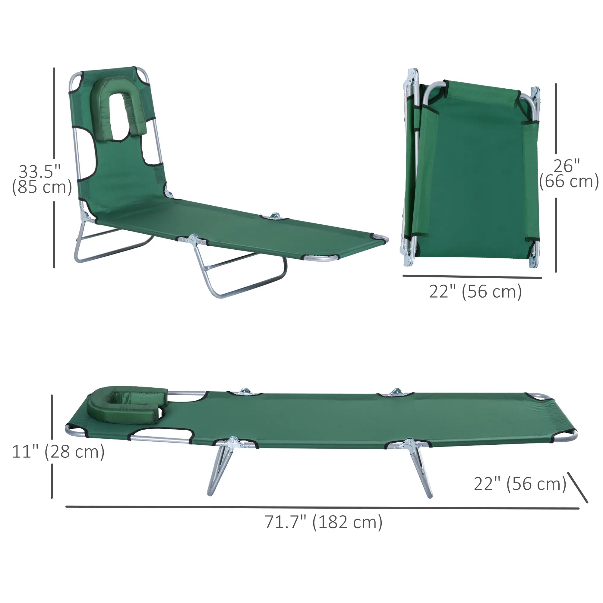 Outdoor Lounge Chair, Adjustable Folding Chaise, Green - Image 3