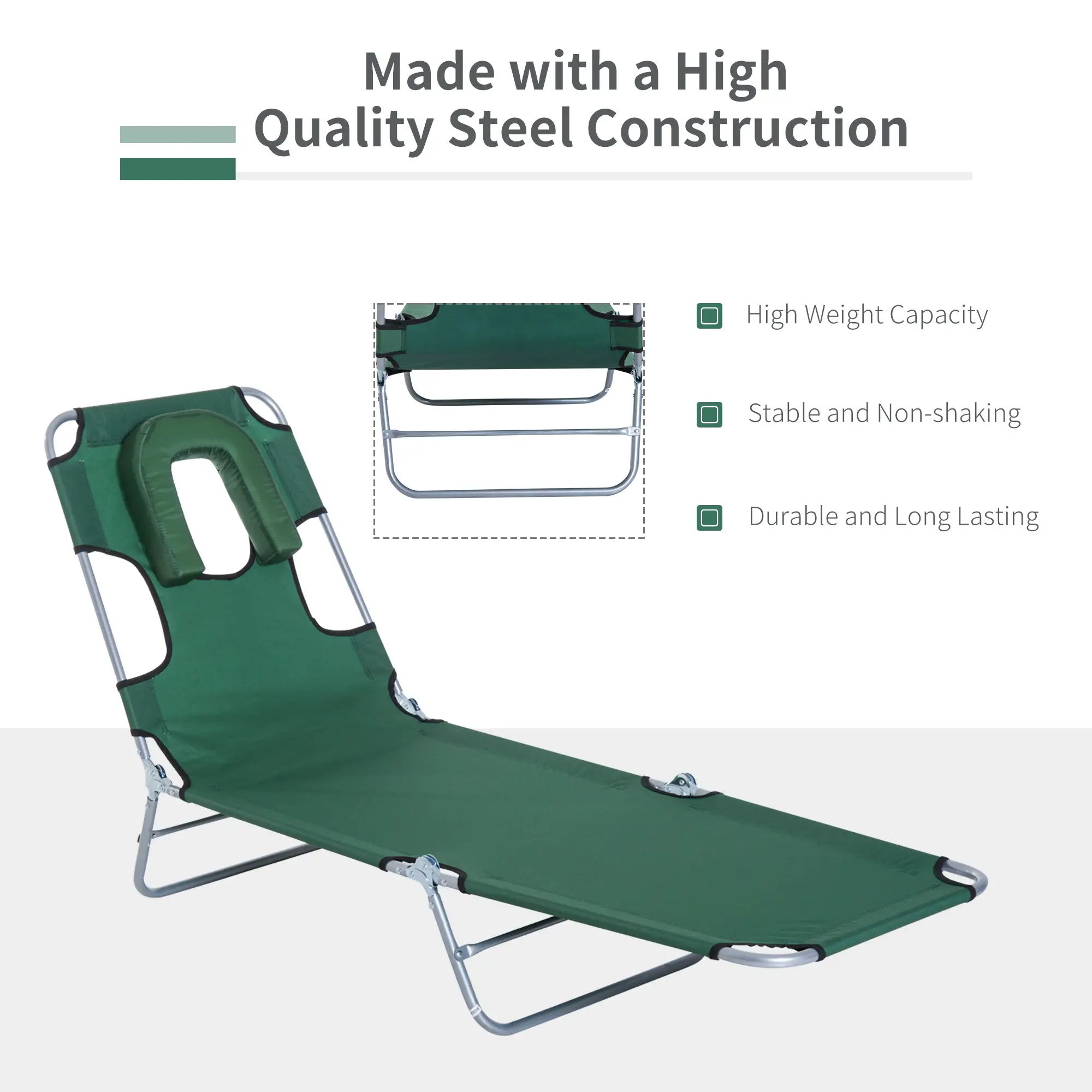 Outdoor Lounge Chair, Adjustable Folding Chaise, Green - Image 6
