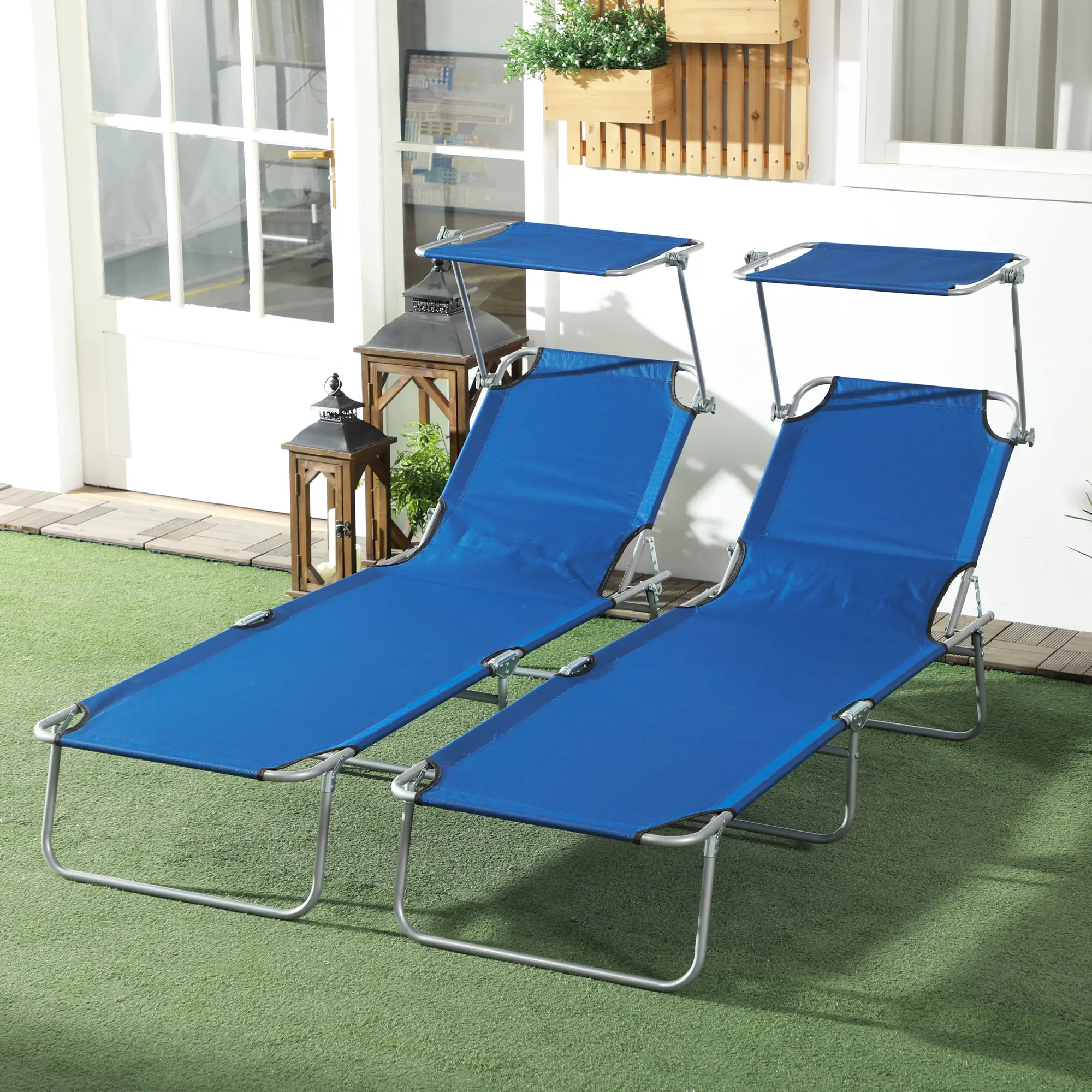 Outdoor Lounge Chair, Adjustable Folding Chaise With Sun Shade, Blue - Image 2