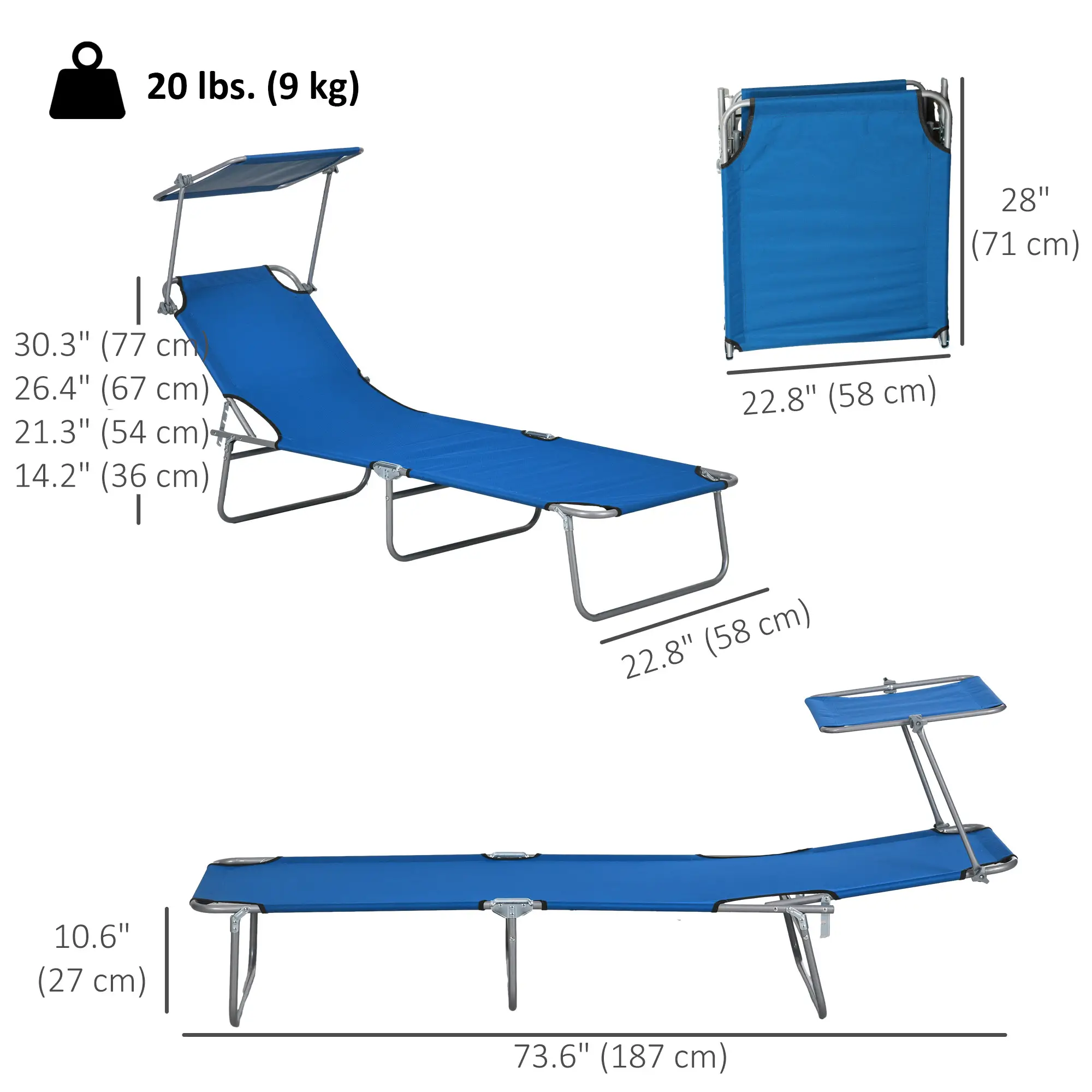 Outdoor Lounge Chair, Adjustable Folding Chaise With Sun Shade, Blue - Image 3