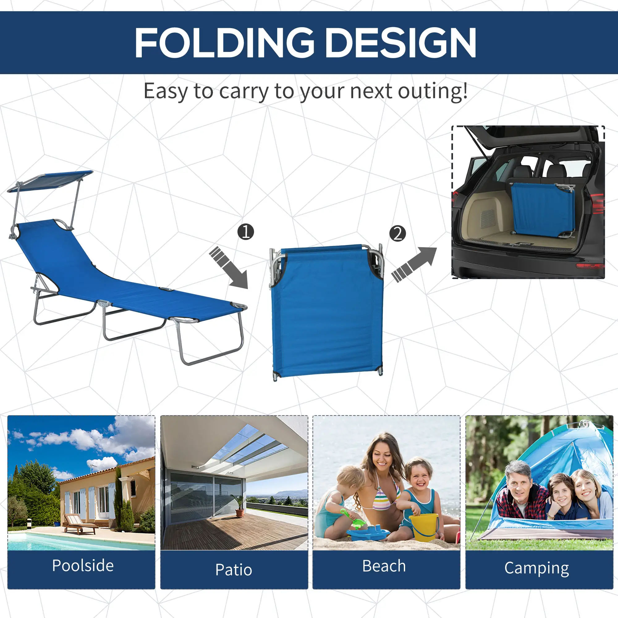 Outdoor Lounge Chair, Adjustable Folding Chaise With Sun Shade, Blue - Image 4