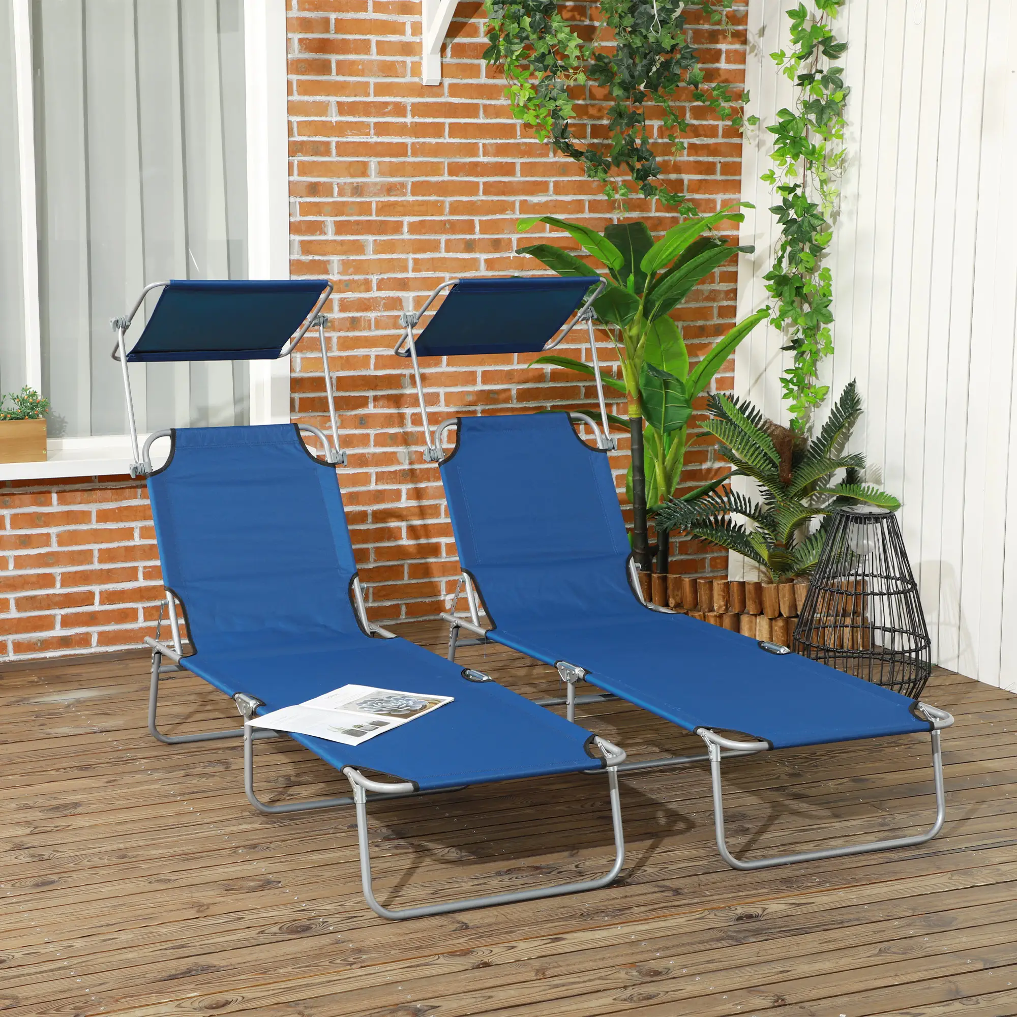 Outdoor Lounge Chair, Adjustable Folding Chaise With Sun Shade, Blue - Image 8